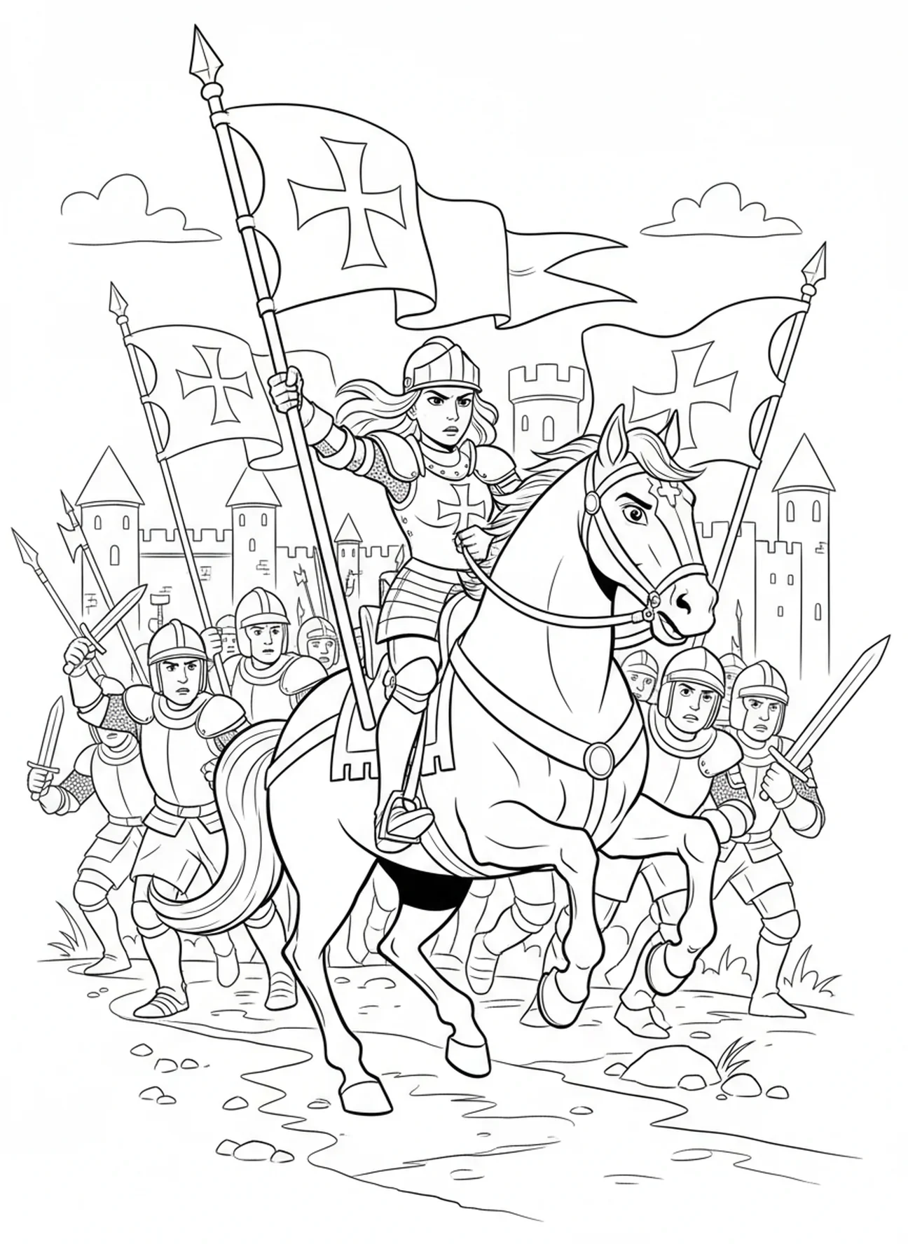 Sainte Jeanne d'Arc à cheval, page à colorier de Sainte Jeanne d'Arc pour les enfants de 5 à 10 ans.