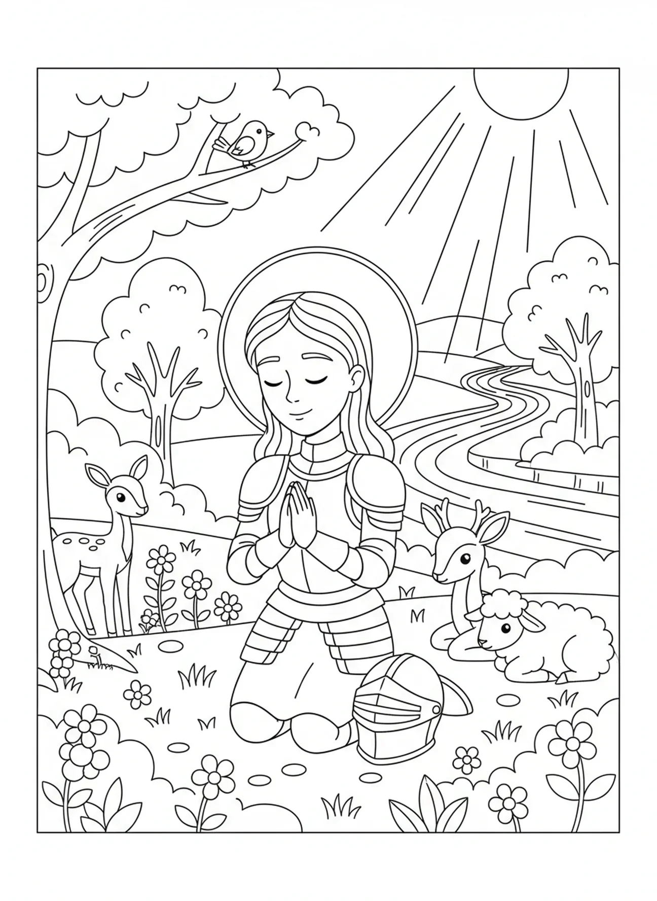 Sainte Jeanne d'Arc en prière, page à colorier Sainte Jeanne d'Arc pour les enfants de 5 à 10 ans.