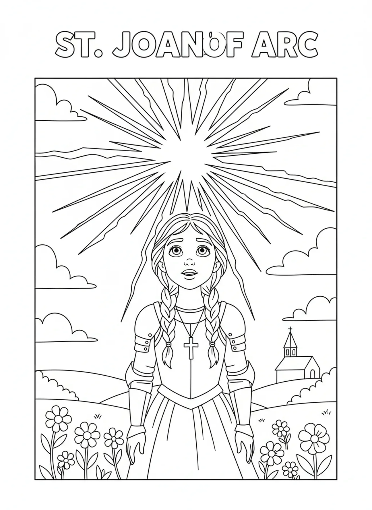 Sainte Jeanne d'Arc cherchant des conseils, page à colorier Sainte Jeanne d'Arc pour enfants de 5 à 10 ans.
