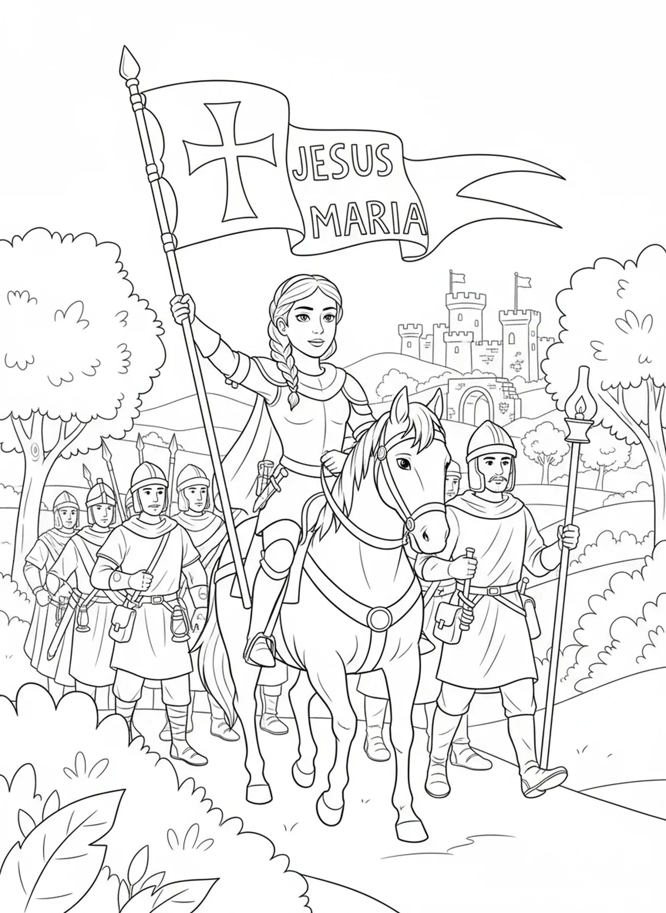 Santa Joana d'Arc liderando soldados com um estandarte, página para colorir de Santa Joana d'Arc para crianças da Escola Dominical de 5 a 12 anos