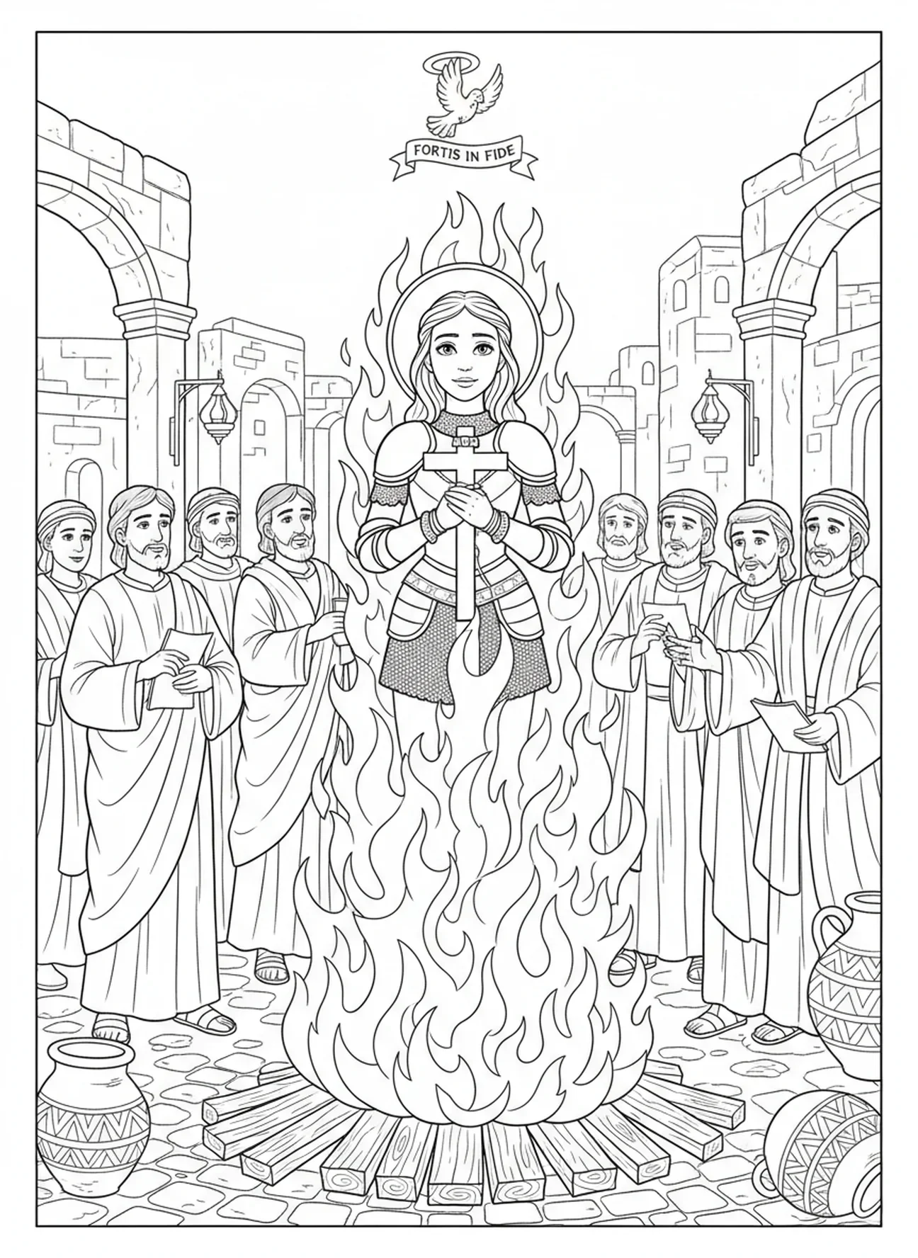 Santa Joana d'Arc na fogueira, cercada por chamas, página para colorir de Santa Joana d'Arc para crianças da Escola Dominical de 5 a 12 anos