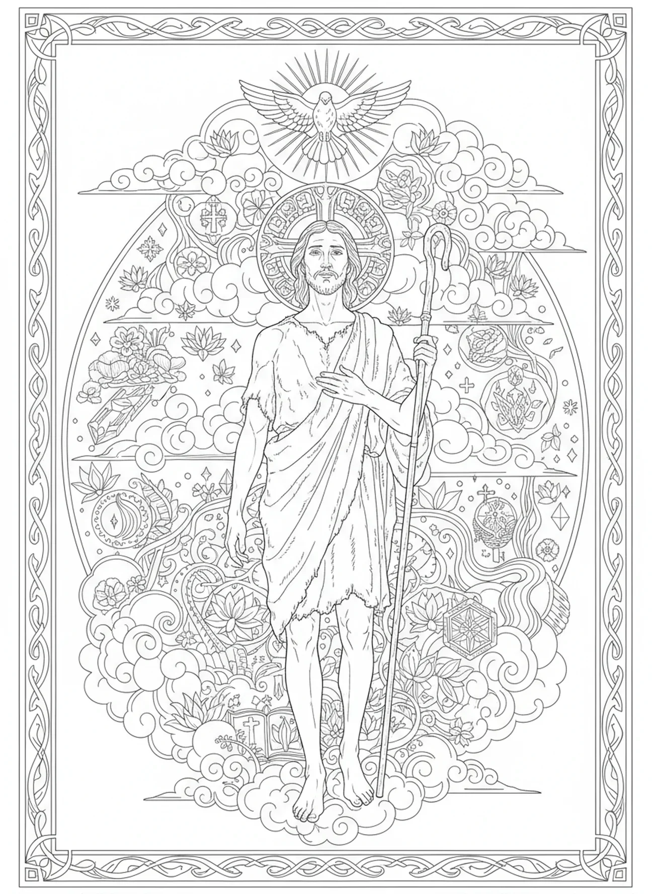 Saint Jean avec une colombe, page à colorier Saint Jean Baptiste pour adultes dans le style du journal biblique.