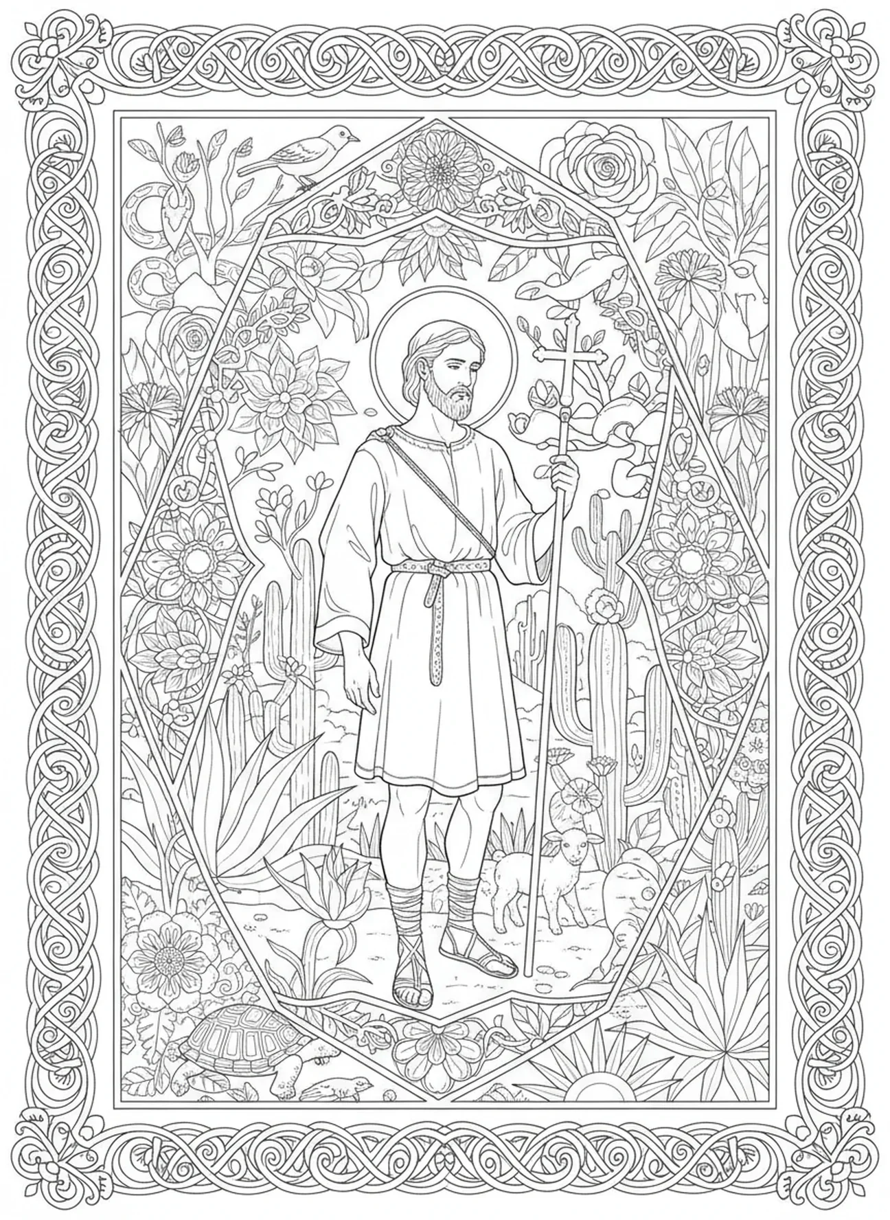 Saint Jean dans le désert, page à colorier de Saint Jean Baptiste pour le style de journal biblique pour adultes.