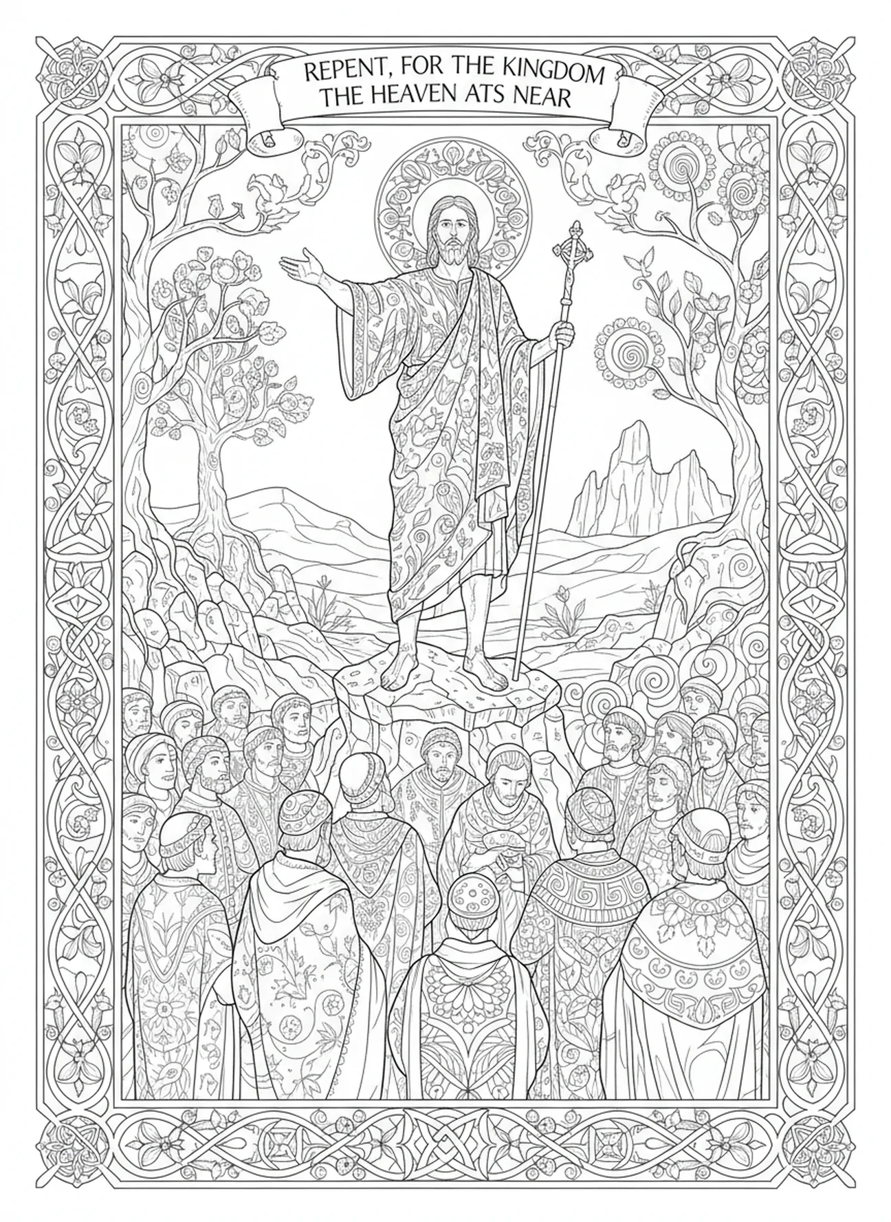 Saint Jean prêchant, page à colorier Saint Jean Baptiste pour adultes dans un style de journal biblique.