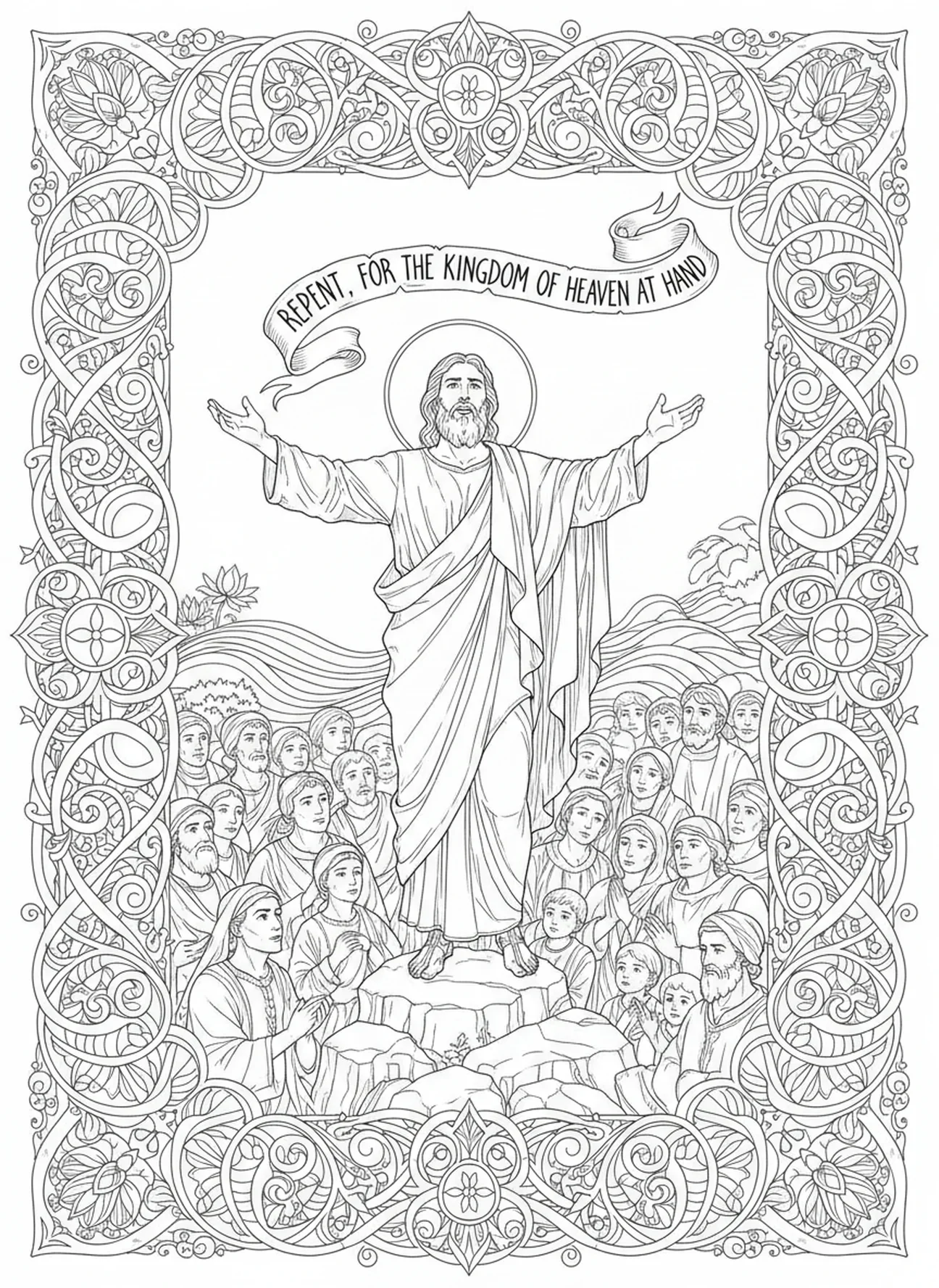 Saint Jean annonçant la repentance, page à colorier Saint Jean Baptiste pour adultes dans un style de journal biblique.