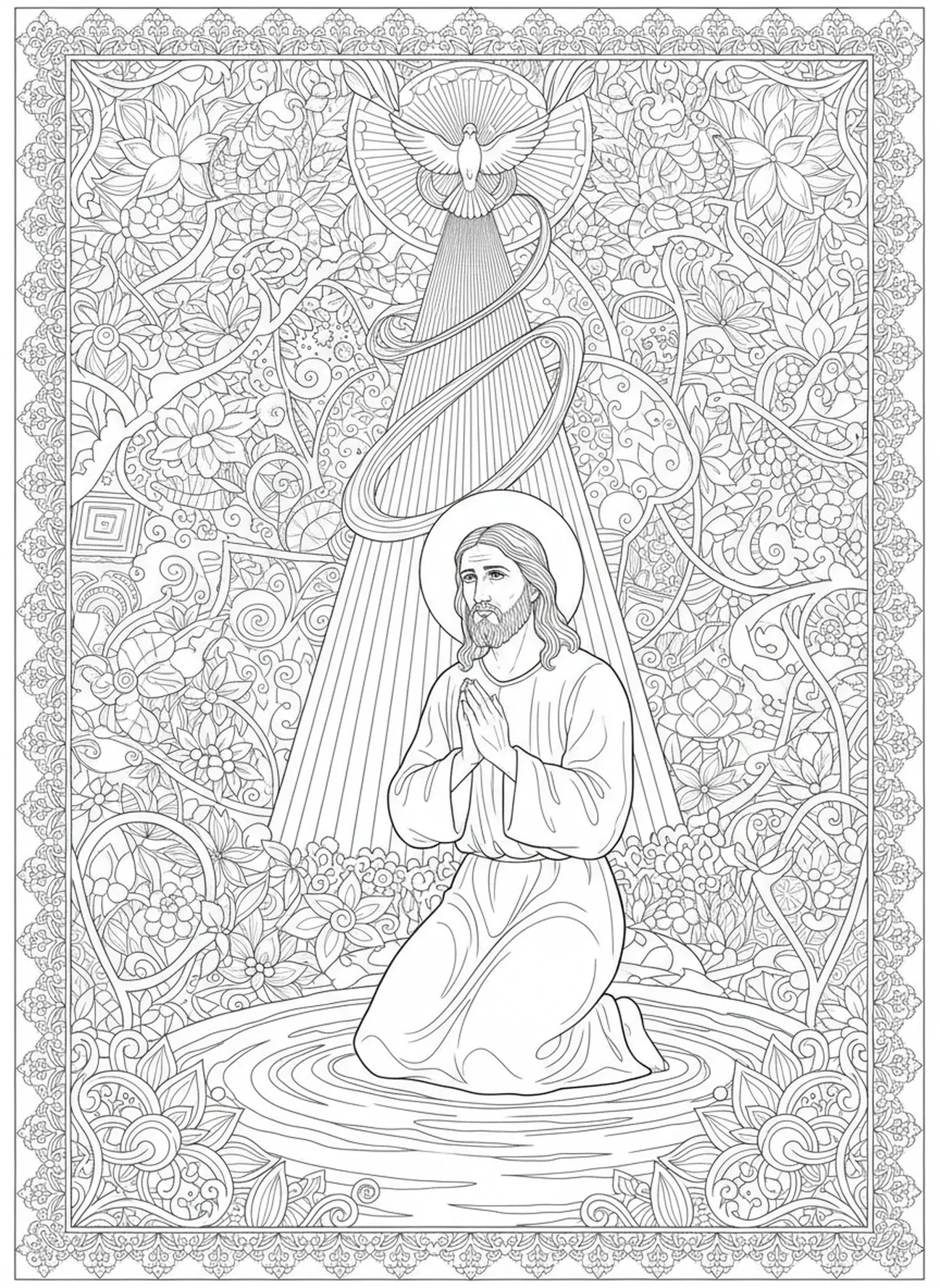 Saint Jean recevant le baptême, page à colorier Saint Jean Baptiste pour le journaling biblique pour adultes.