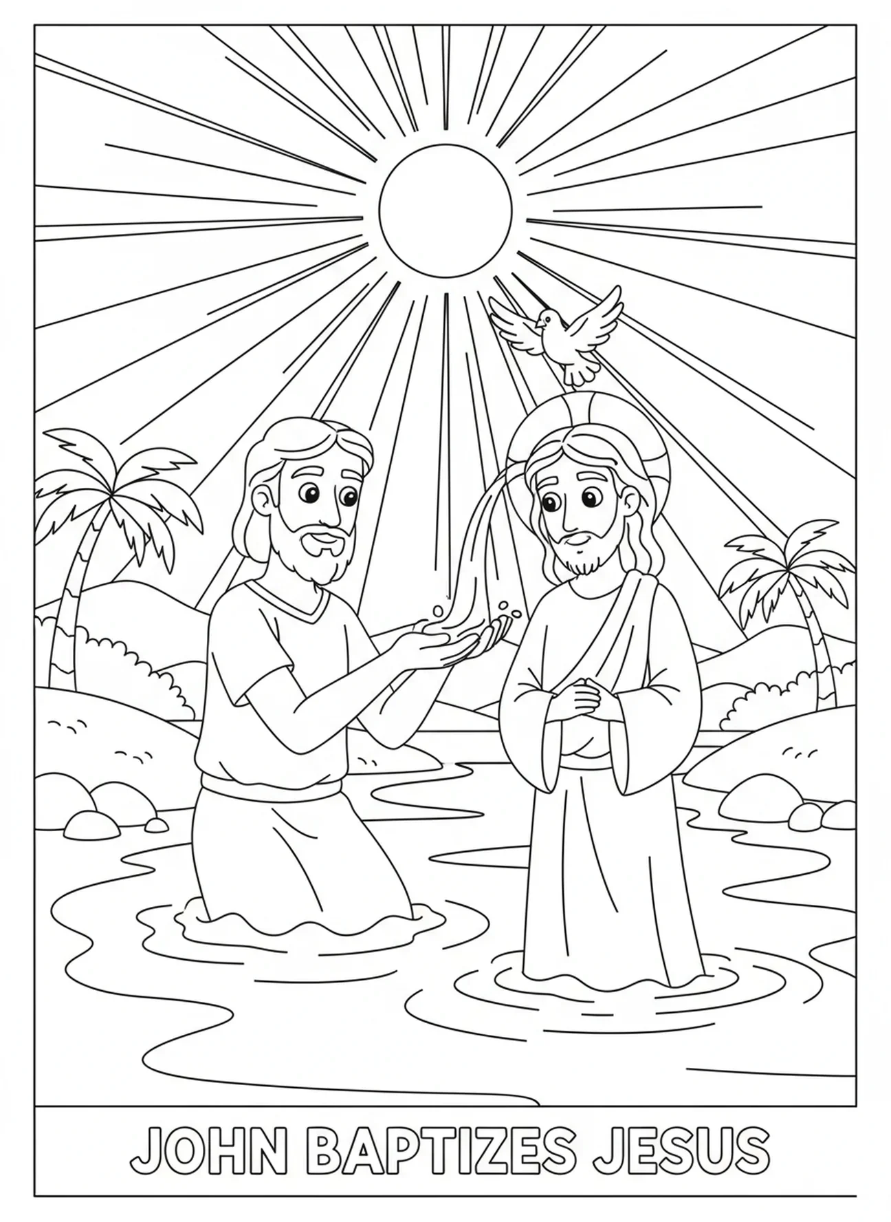São João Batista batizando Jesus, página para colorir para crianças de 5 a 10 anos
