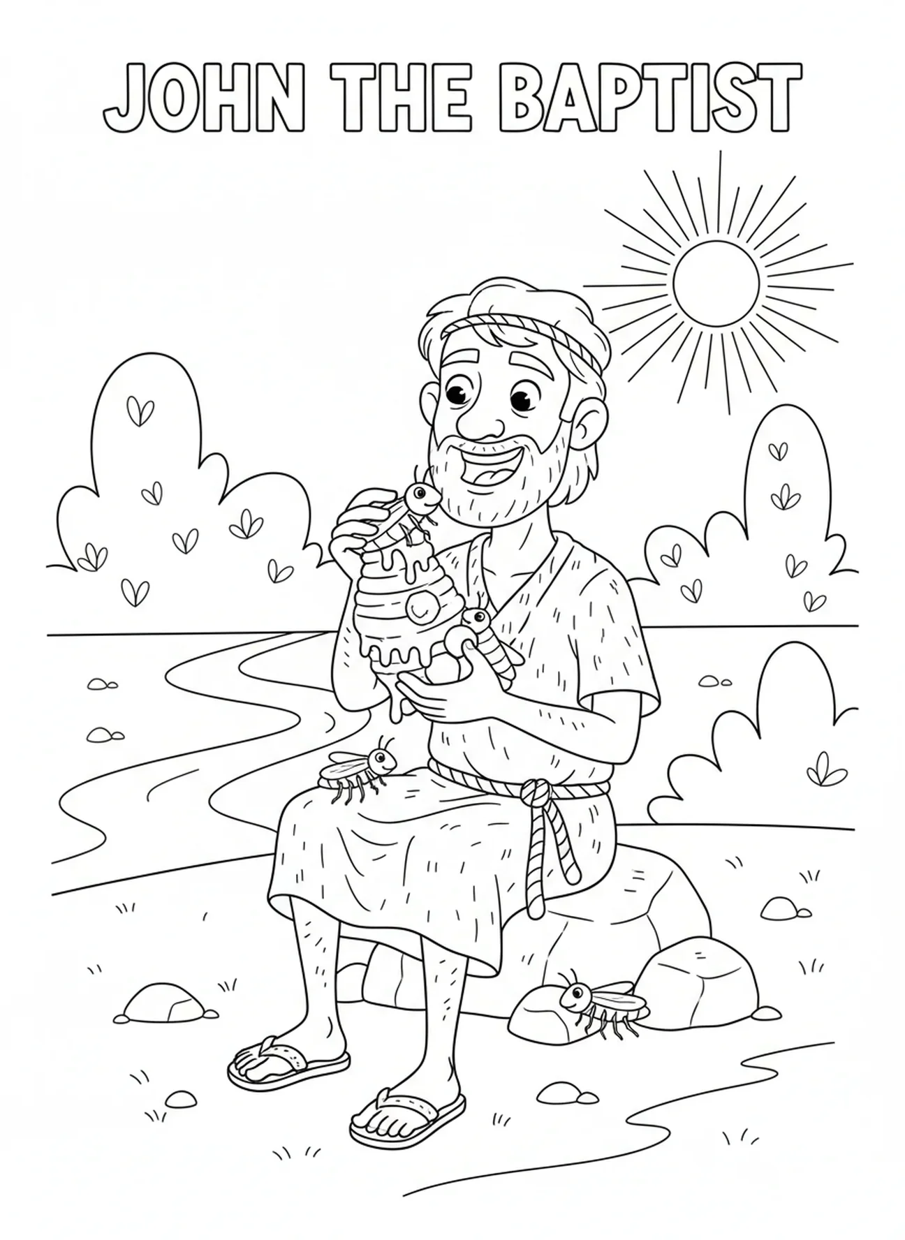 João Batista comendo gafanhotos, página de colorir de São João Batista para crianças de 5 a 10 anos
