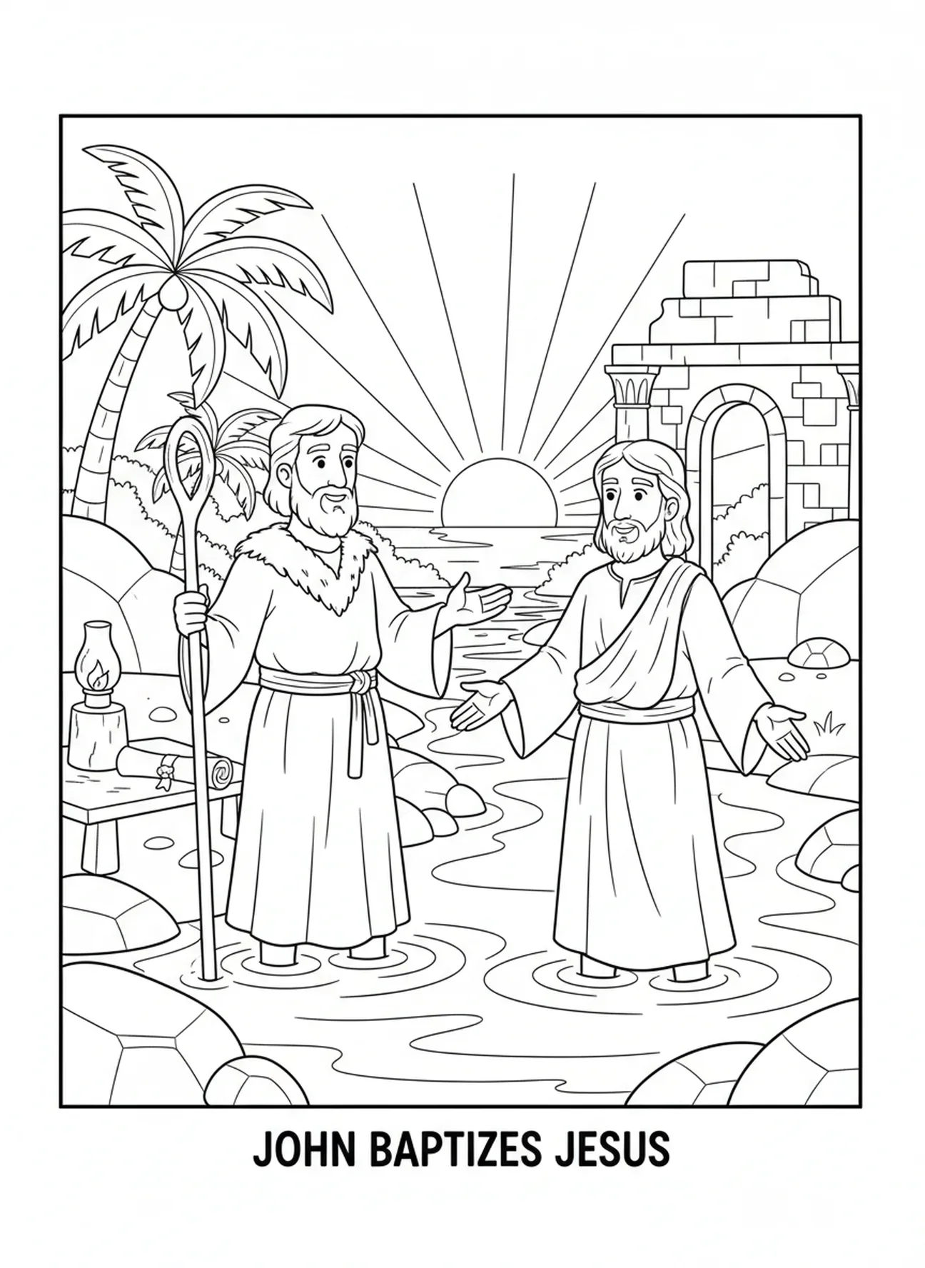Saint Jean rencontrant Jésus, page à colorier de Saint Jean-Baptiste pour les enfants de l'École du dimanche âgés de 5 à 12 ans