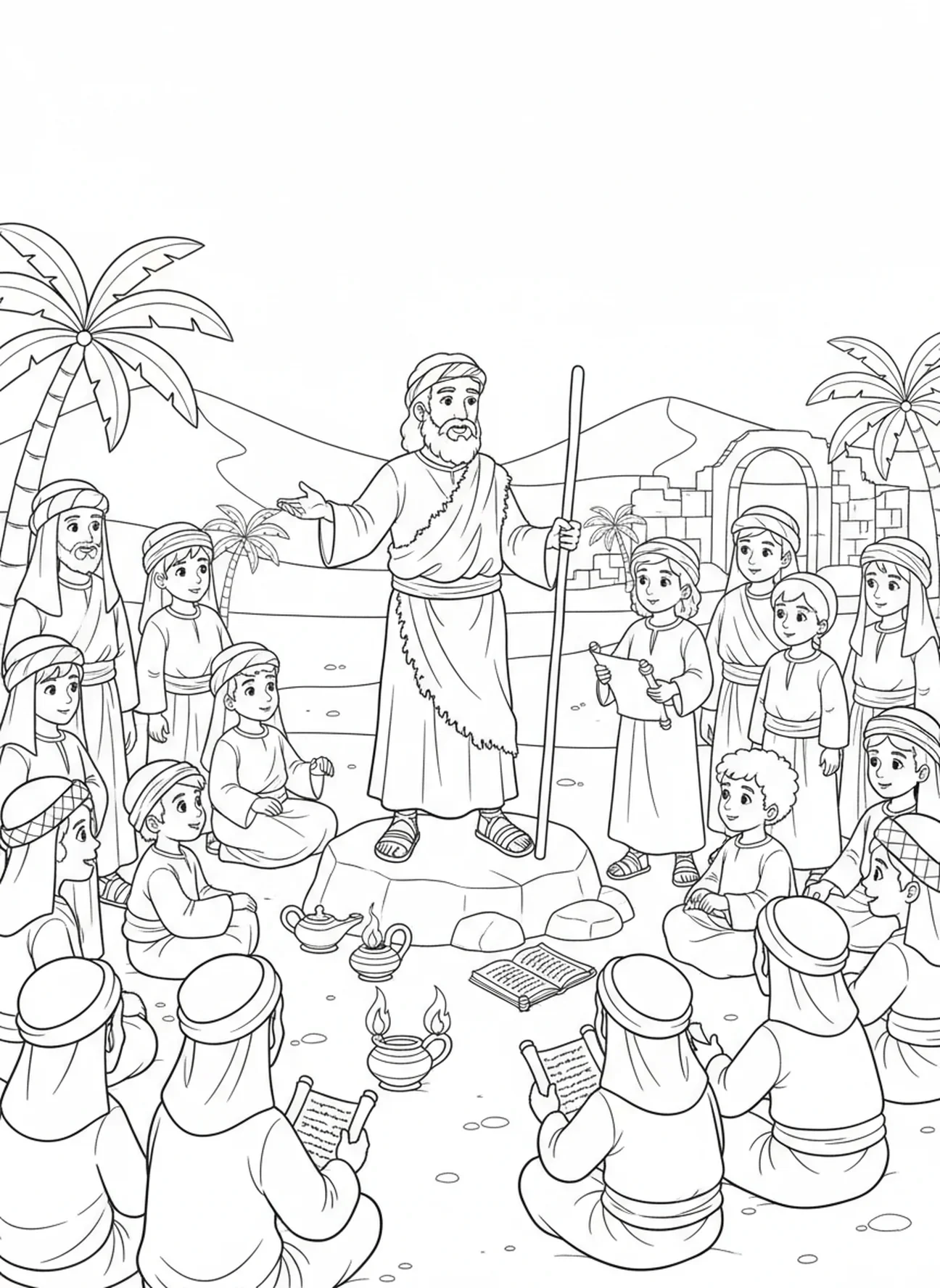 Saint Jean prêchant à la foule, page à colorier de Saint Jean Baptiste pour les enfants de l'École du dimanche âgés de 5 à 12 ans
