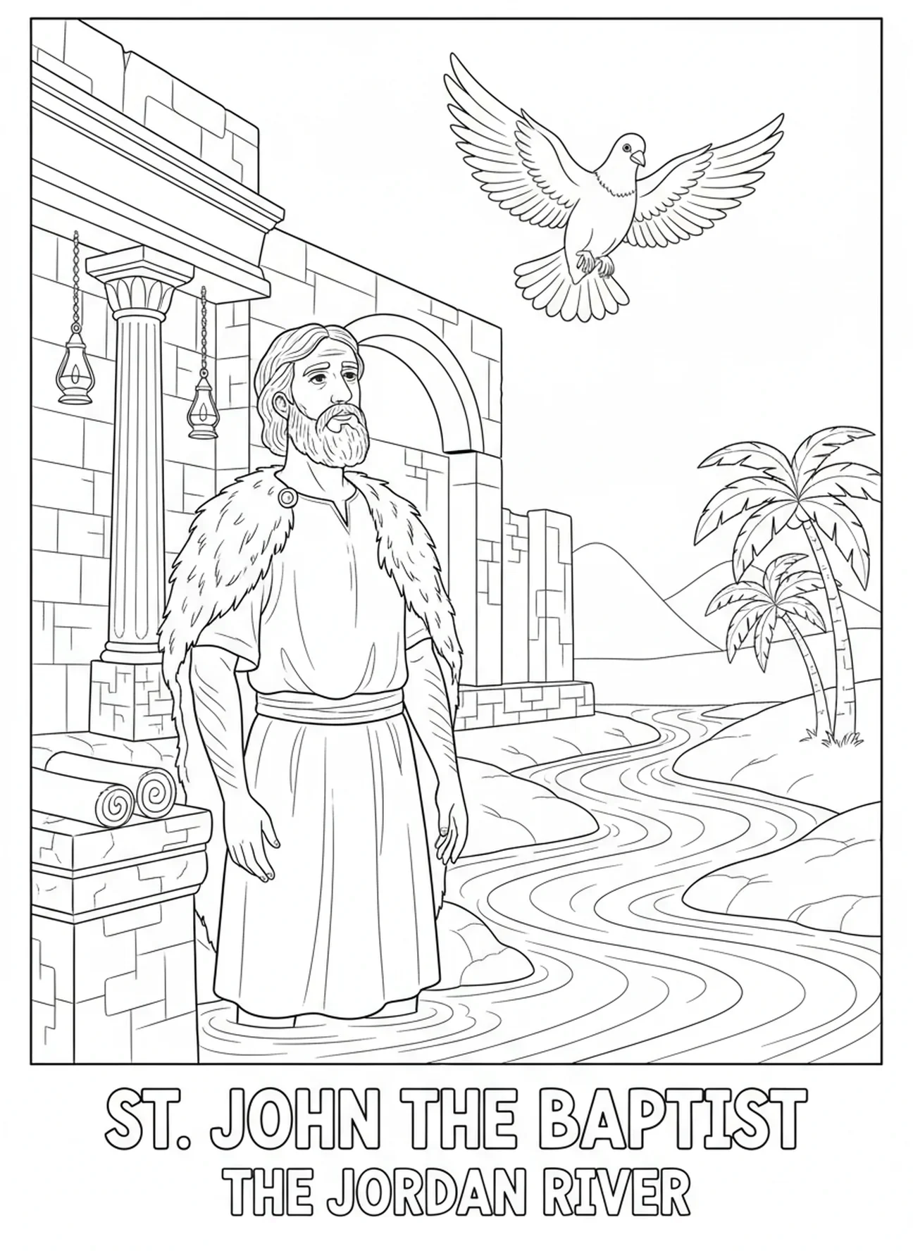 Saint Jean avec la colombe, page à colorier de Saint Jean-Baptiste pour les enfants de l'École du dimanche âgés de 5 à 12 ans