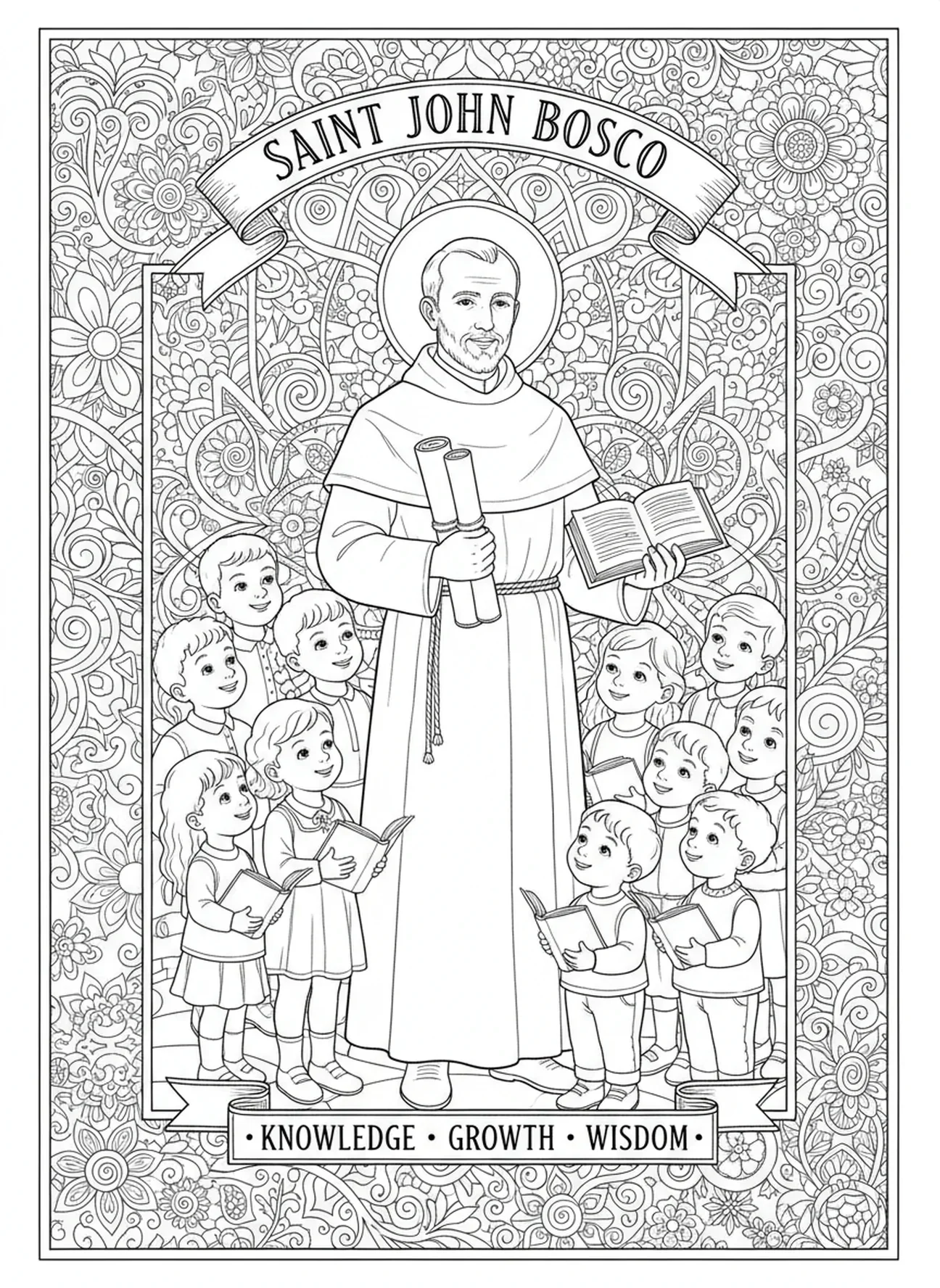 Saint Jean Bosco promouvant l'éducation avec des rouleaux et des livres, page à colorier Saint Jean Bosco pour adultes dans un style de journal biblique.