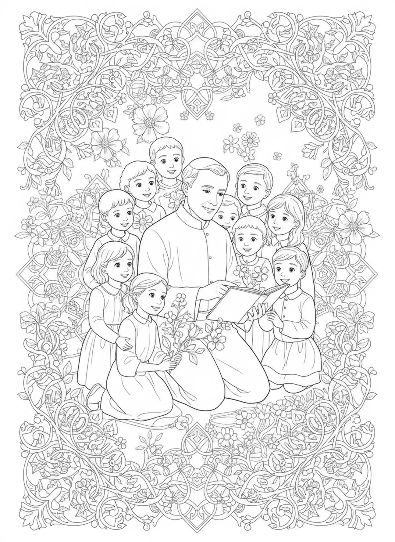 Saint Jean Bosco s'occupant des orphelins, page à colorier Saint Jean Bosco pour adultes dans un style de journal biblique.