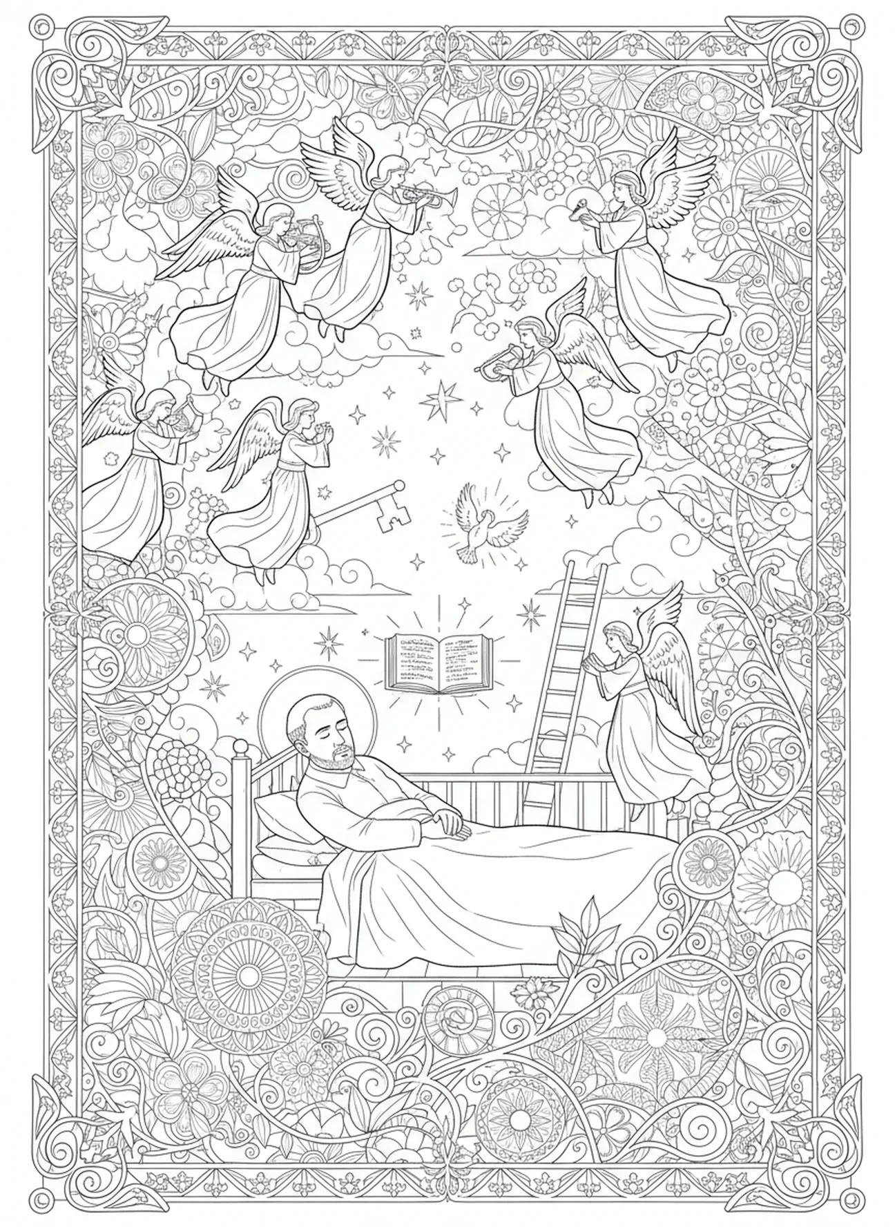 Saint Jean Bosco rêvant avec des éléments célestes, page à colorier Saint Jean Bosco pour adultes dans un style de journal biblique.