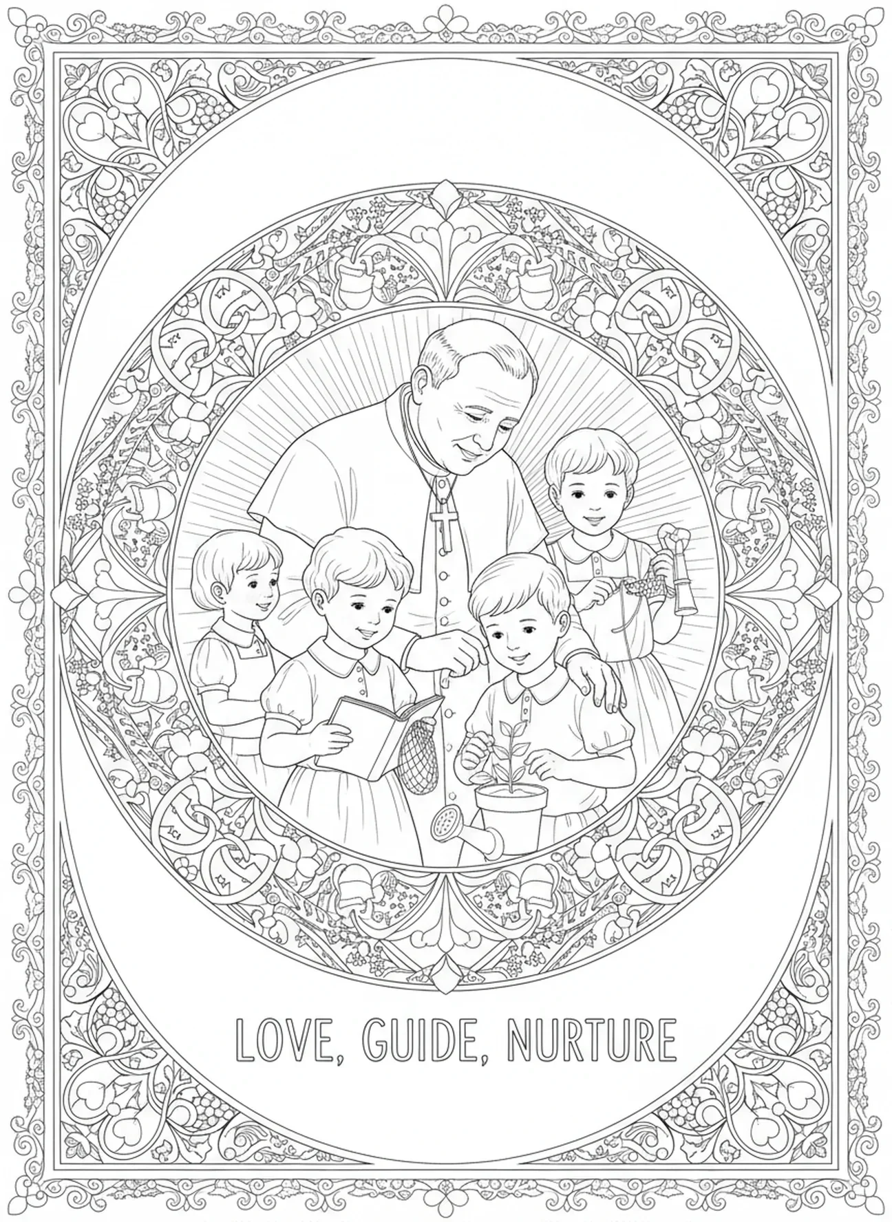 Saint Jean Bosco aidant des enfants avec soin et soutien, page à colorier Saint Jean Bosco pour adultes dans un style de journal biblique.