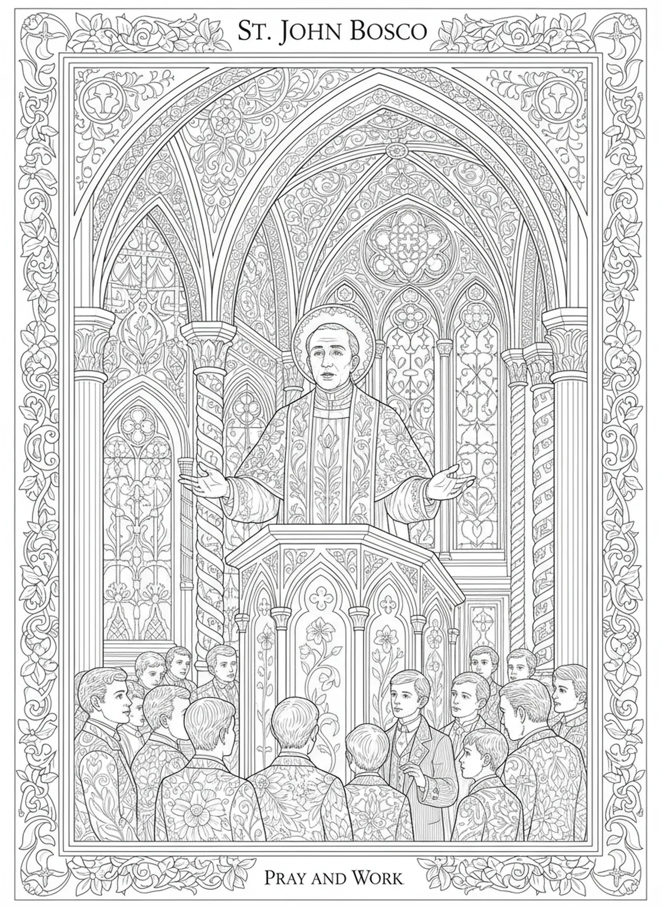 Saint Jean Bosco prêchant dans une église avec des détails ornés, page à colorier de Saint Jean Bosco pour le style de journal biblique pour adultes.