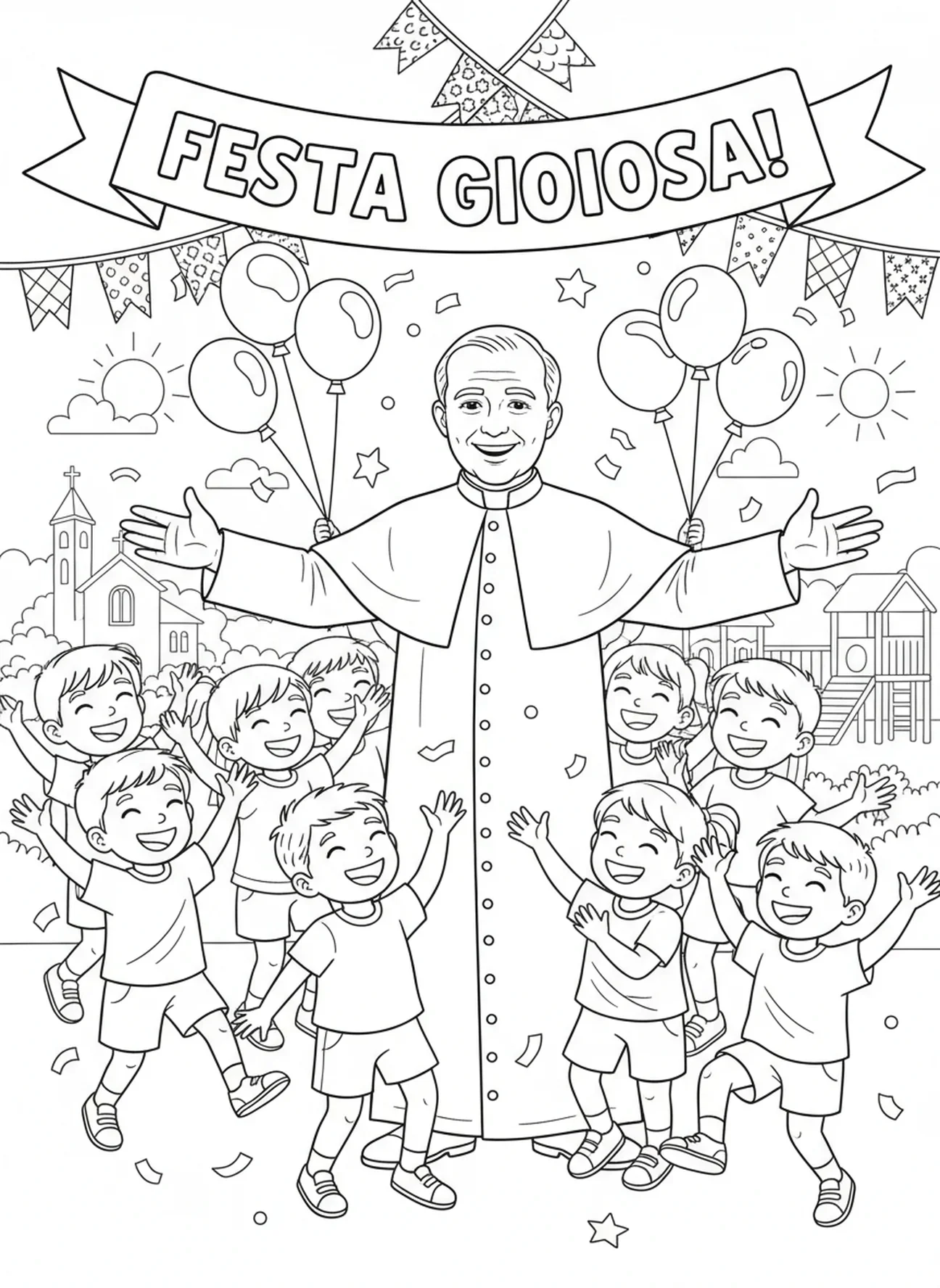 San Juan Bosco celebrando con niños, página para colorear de San Juan Bosco para niños de 5 a 10 años.