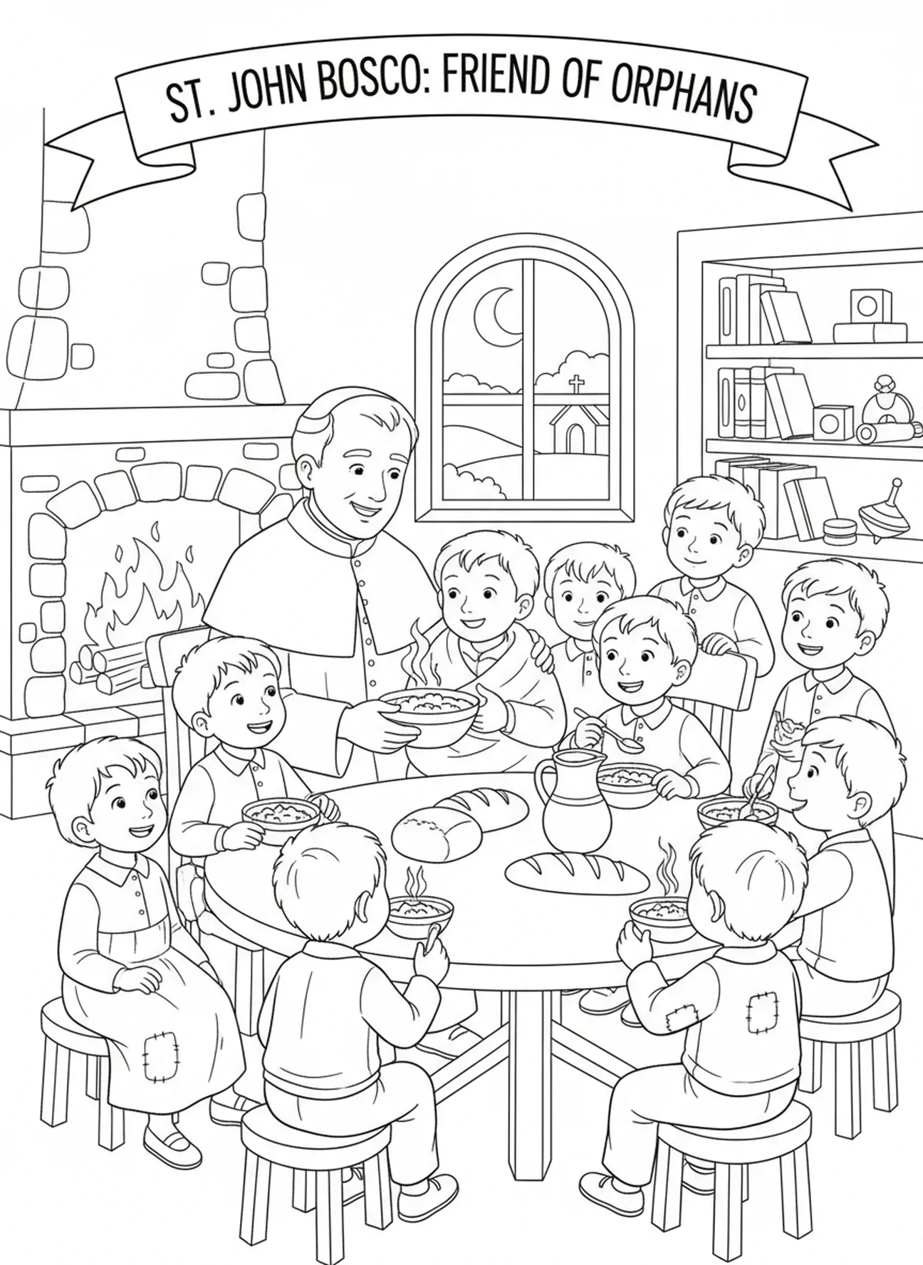 San Juan Bosco cuidando a huérfanos, página para colorear de San Juan Bosco para niños de 5 a 10 años.