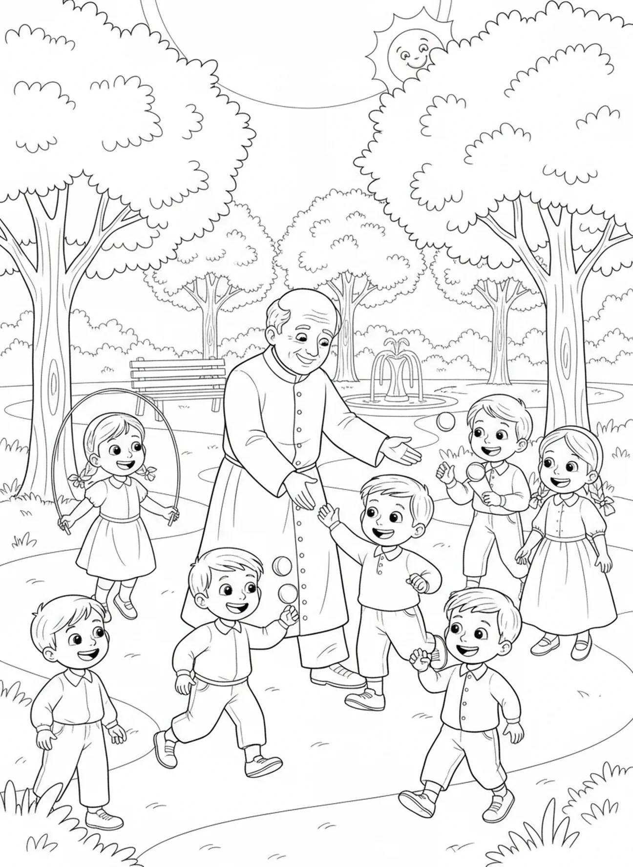 San Juan Bosco jugando, página para colorear de San Juan Bosco para niños de 5 a 10 años.