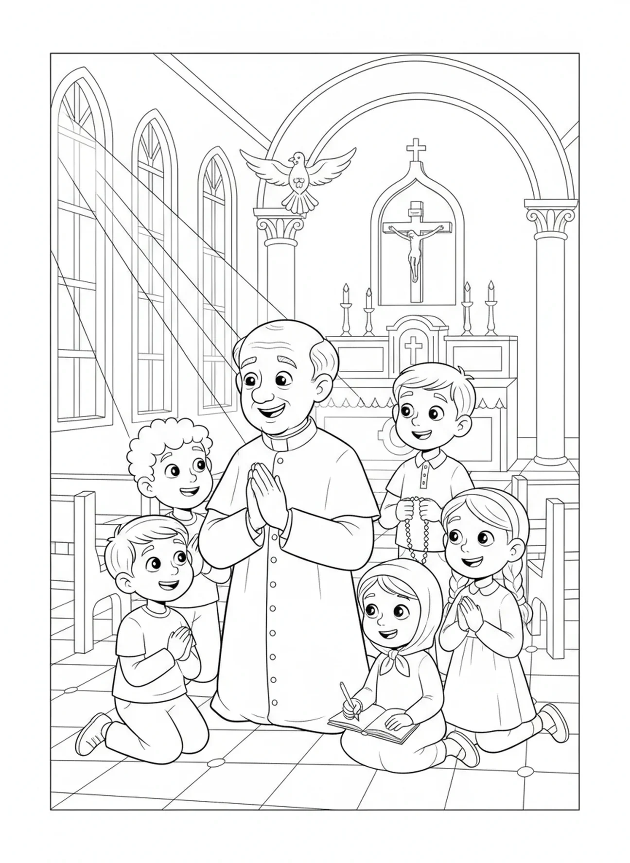 San Juan Bosco orando con niños, página para colorear de San Juan Bosco para niños de 5 a 10 años.