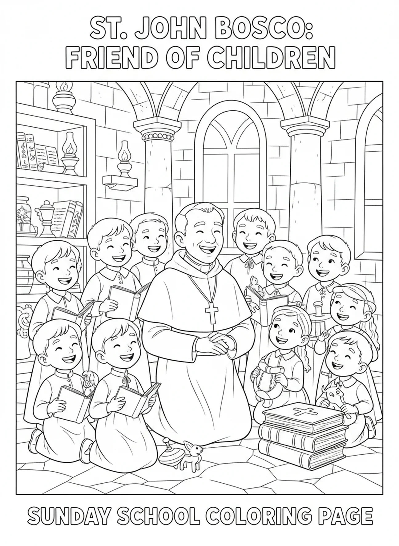 Saint Jean Bosco aidant des orphelins, page à colorier Saint Jean Bosco pour les enfants de l'École du dimanche âgés de 5 à 12 ans.