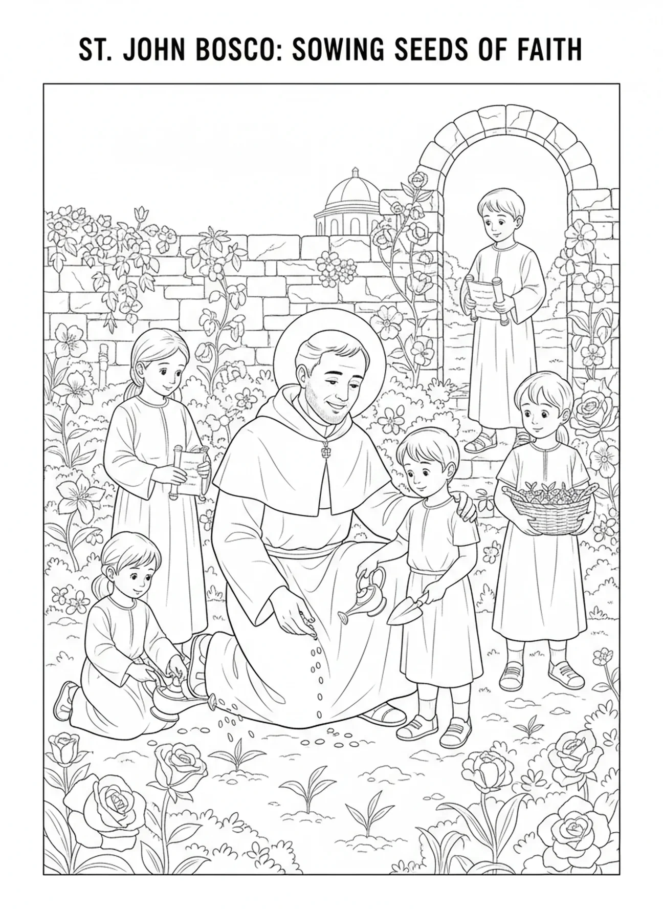 Saint Jean Bosco plantant des graines avec des enfants, page à colorier de Saint Jean Bosco pour les enfants de l'École du dimanche âgés de 5 à 12 ans.