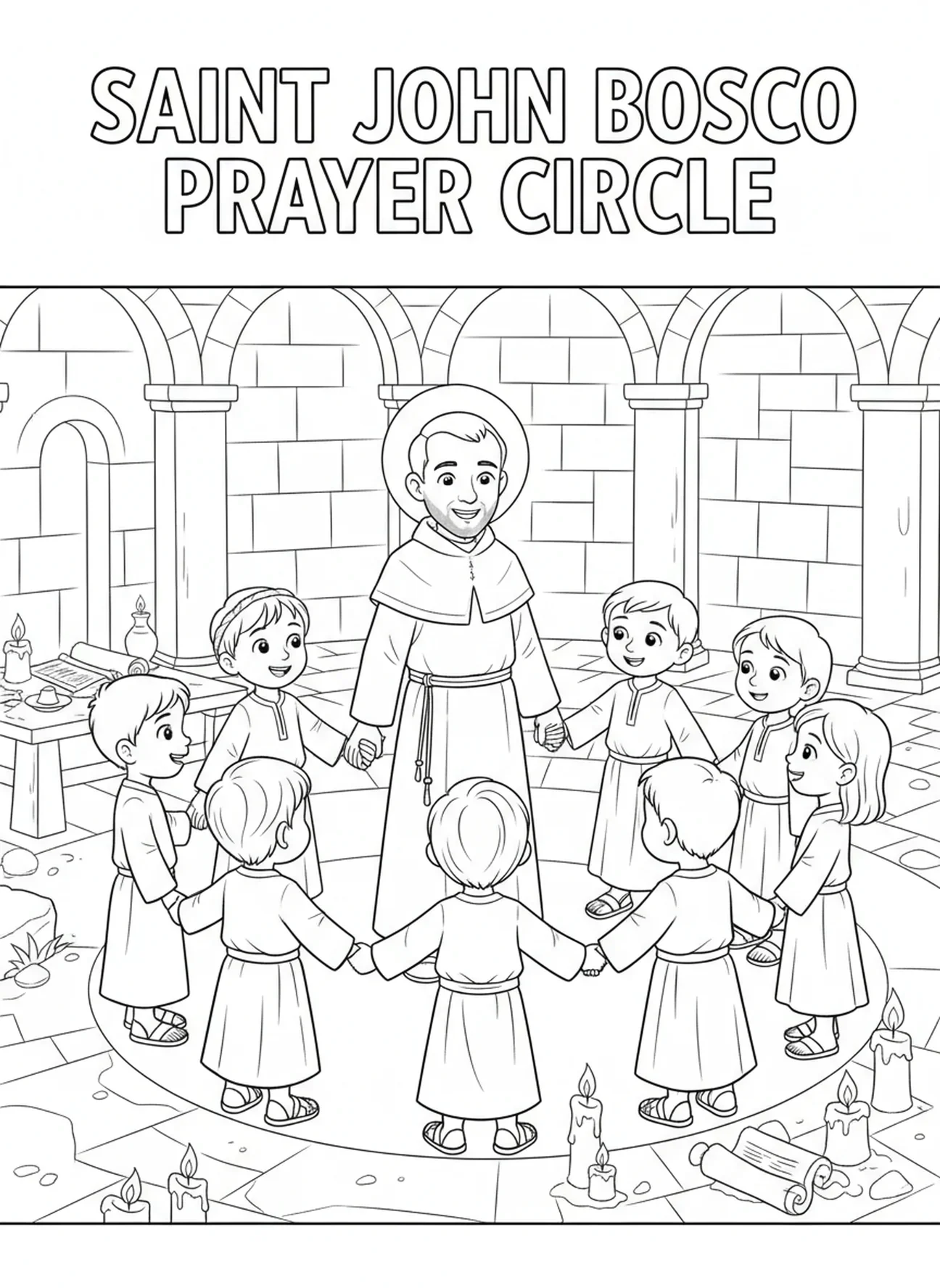 Saint Jean Bosco dirigeant un cercle de prière, page à colorier Saint Jean Bosco pour les enfants de catéchisme âgés de 5 à 12 ans.