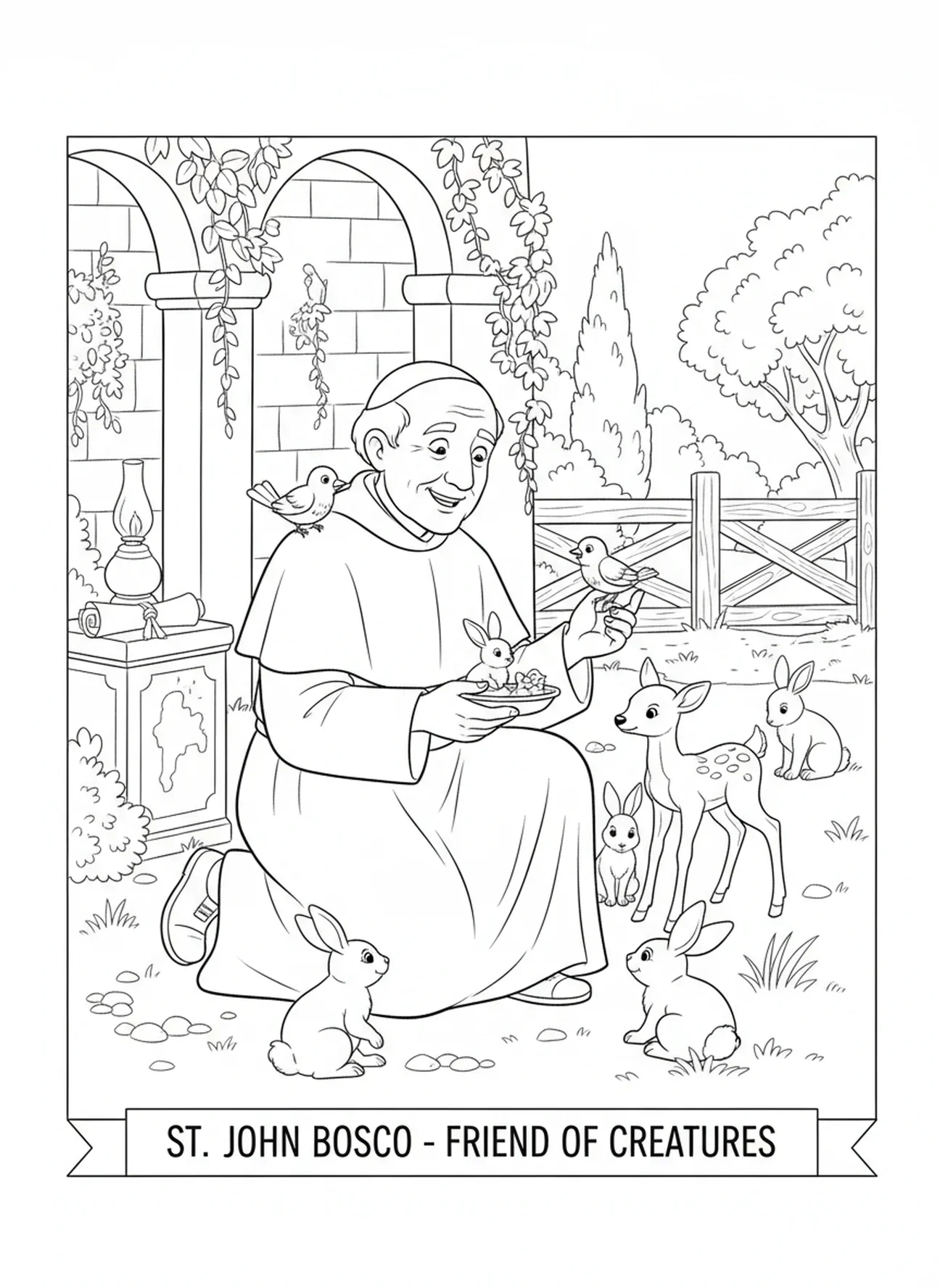 Saint Jean Bosco s'occupant de petits animaux, page à colorier de Saint Jean Bosco pour les enfants de l'École du dimanche âgés de 5 à 12 ans.