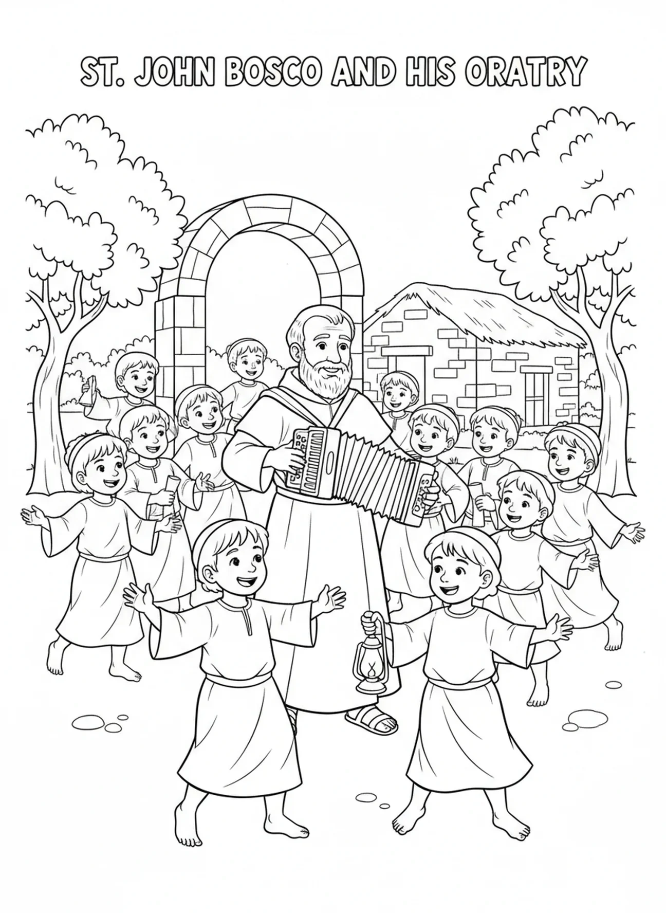 Saint Jean Bosco jouant de la musique pour les enfants, page à colorier Saint Jean Bosco pour les enfants de l'École du dimanche âgés de 5 à 12 ans.