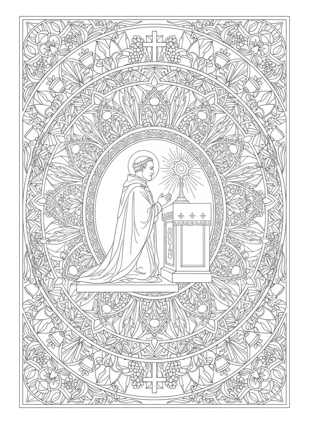 Der heilige Johannes Vianney verehrt die Eucharistie, Ausmalbild für Erwachsene im Stil des Bibel-Journaling