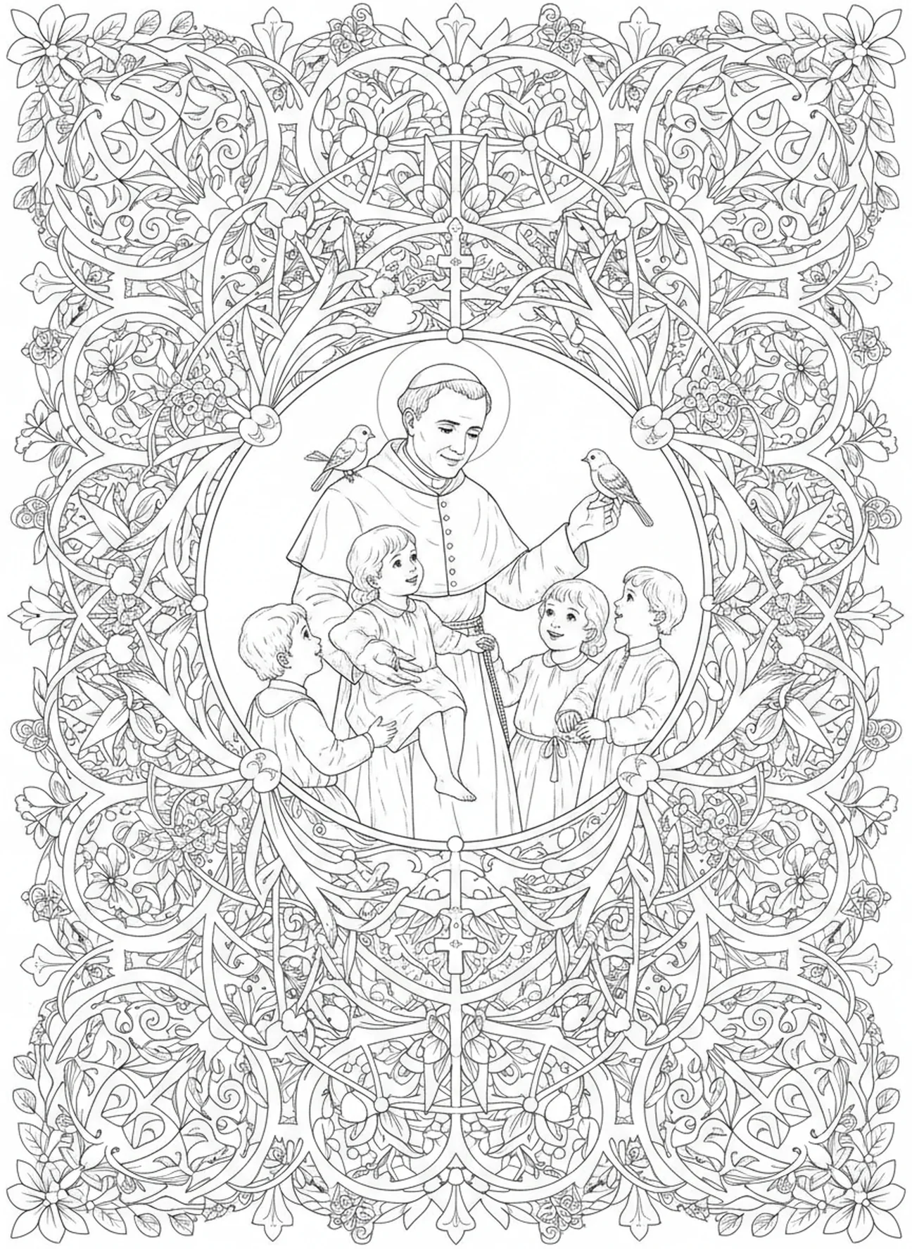 St. Johannes Vianney mit Kindern, Ausmalbild von St. Johannes Vianney für Erwachsene im Bibel-Journaling-Stil