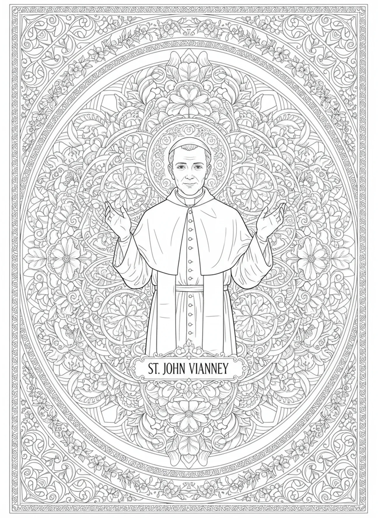 St. Johannes Maria Vianney erteilt den letzten Segen, Ausmalbild für Erwachsene im Stil des Bibeljournaling