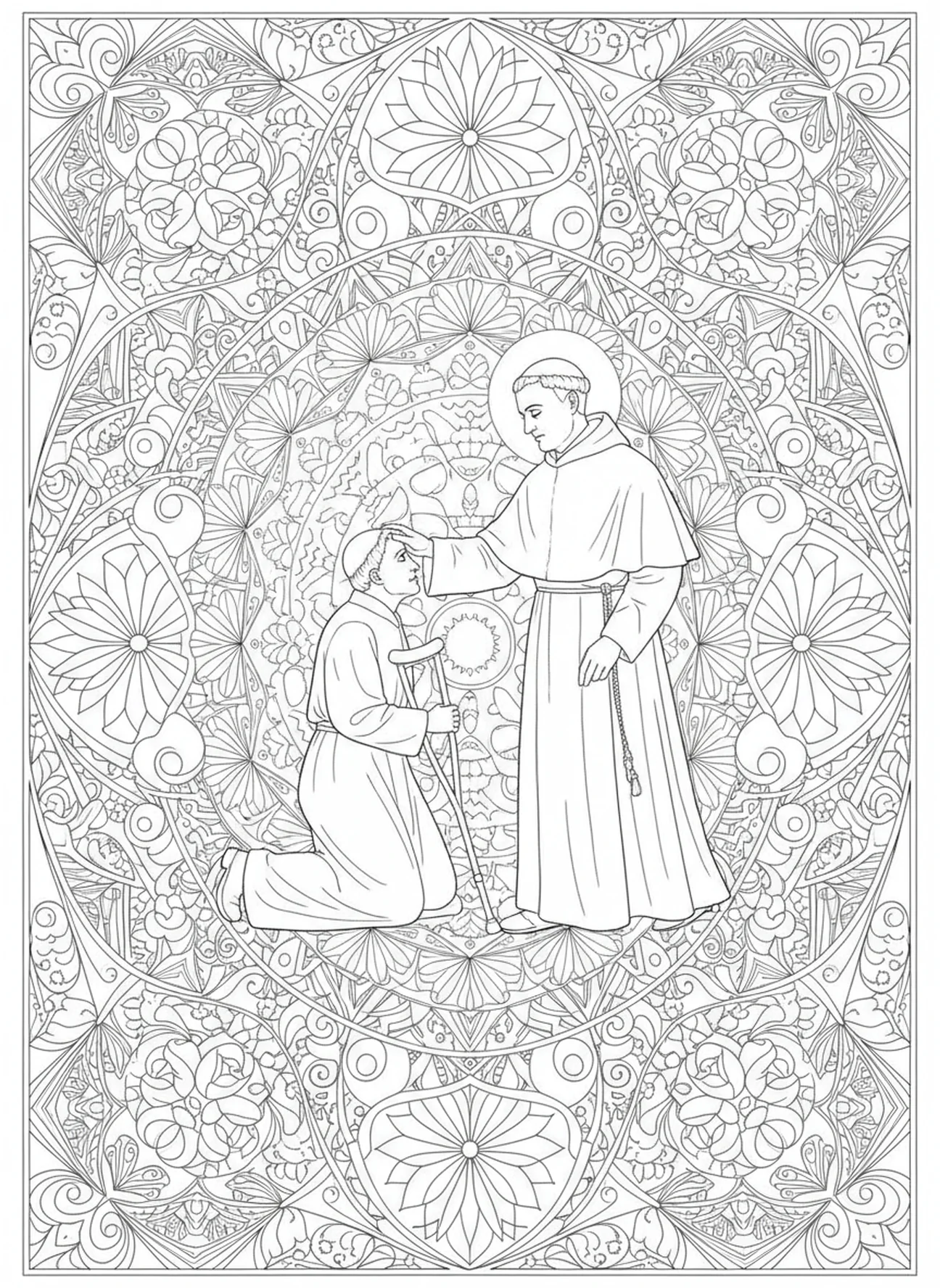 St. Johannes Vianney heilt die Kranken, Ausmalbild für Erwachsene im Bibel-Journaling-Stil