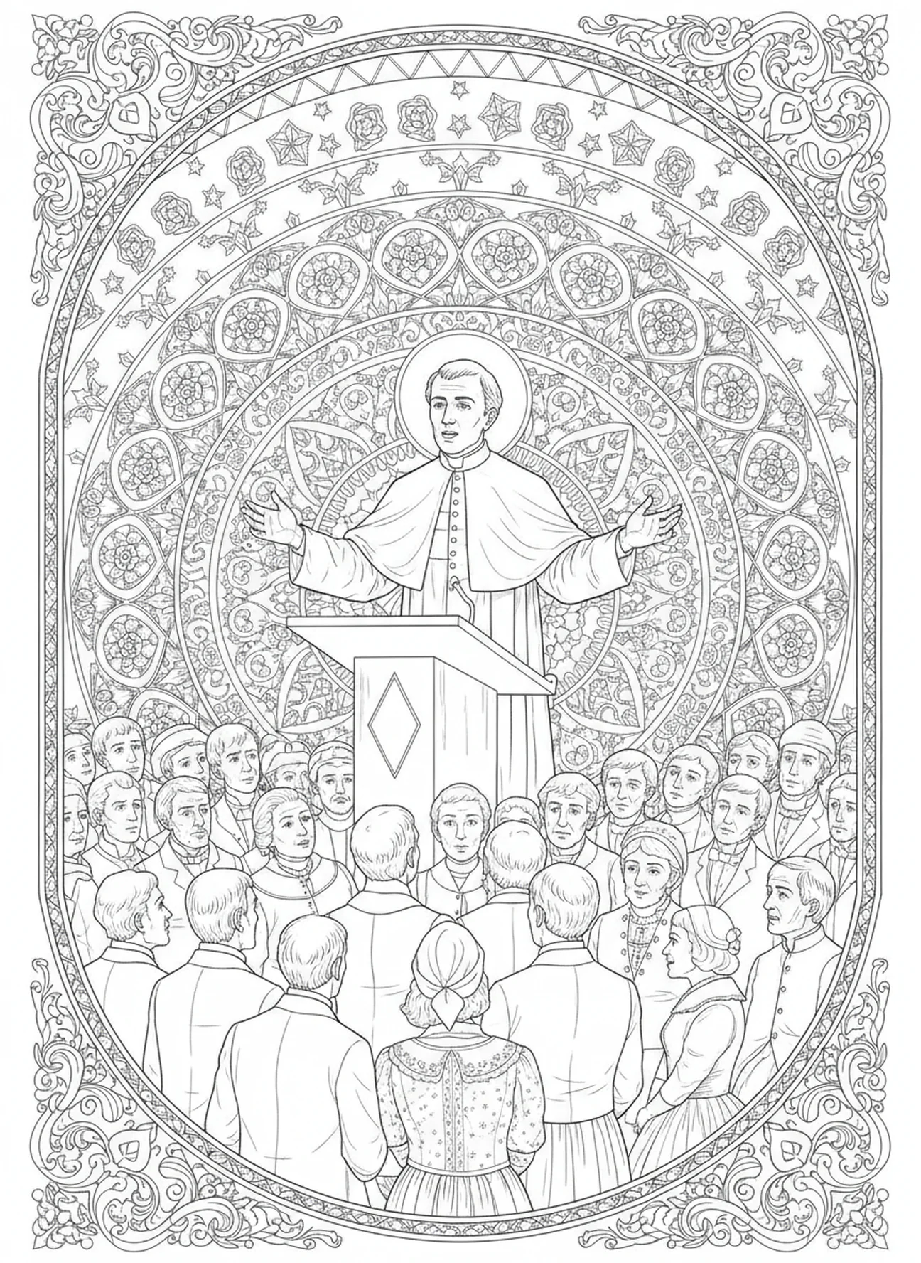 Der heilige Johannes Maria Vianney predigt zu einer Menschenmenge, Ausmalbild für Erwachsene im Stil des Bibel-Journalings