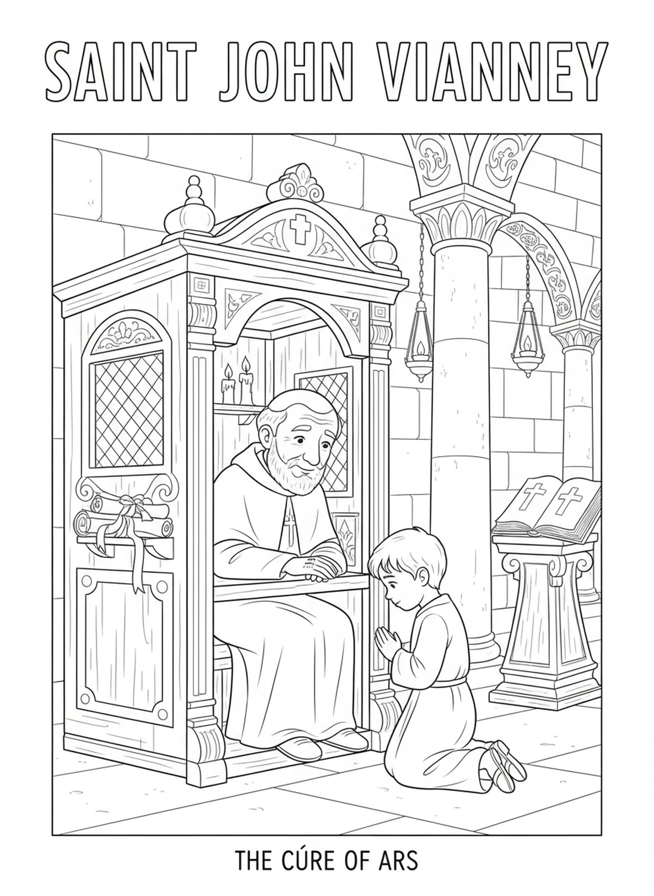 Saint Jean-Marie Vianney dans une cabine de confession, page à colorier Saint Jean-Marie Vianney pour les enfants de l'École du dimanche âgés de 5 à 12 ans.