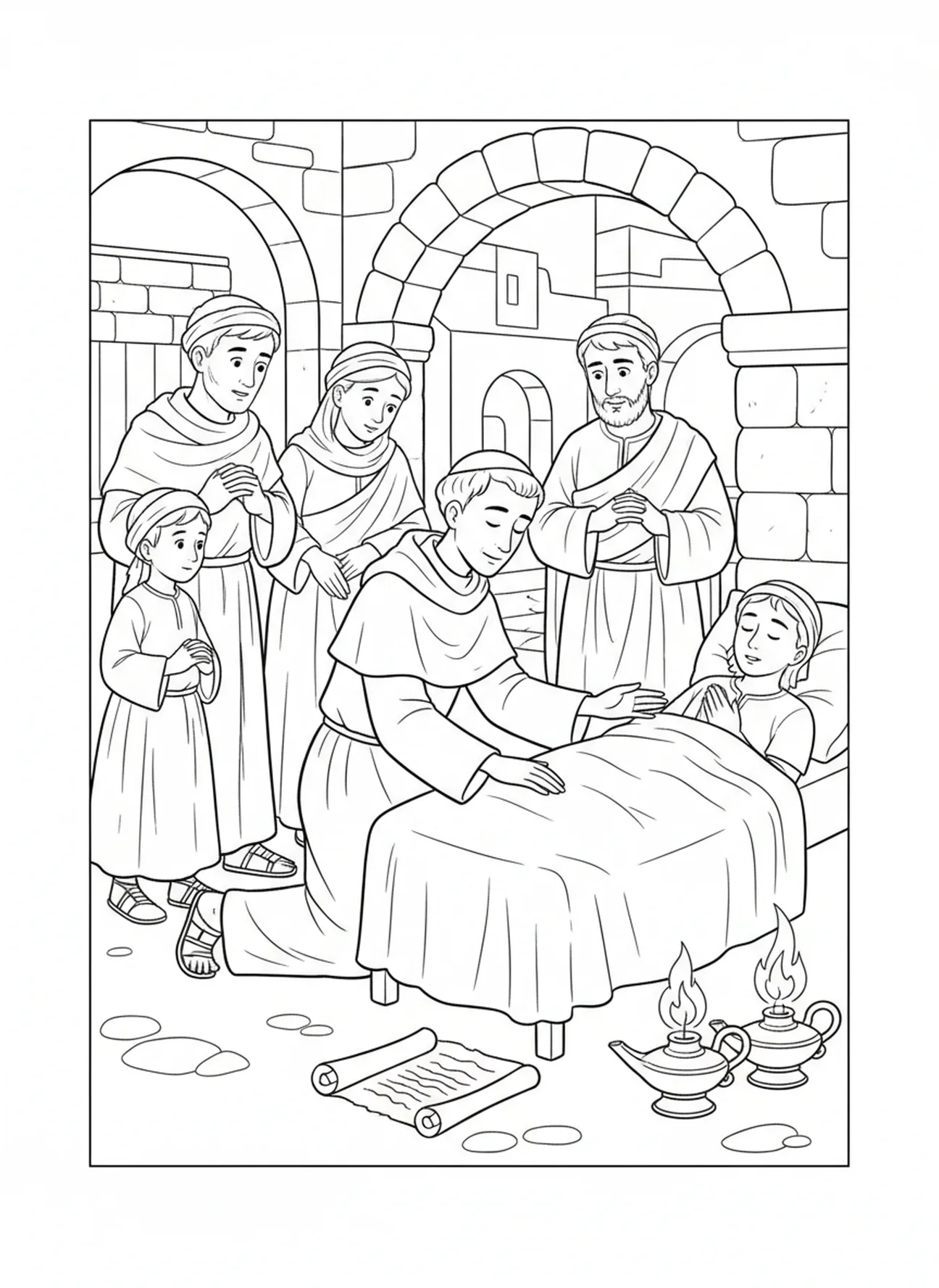 Saint Jean-Marie Vianney guérissant les malades, page à colorier Saint Jean-Marie Vianney pour les enfants de l'École du dimanche âgés de 5 à 12 ans.