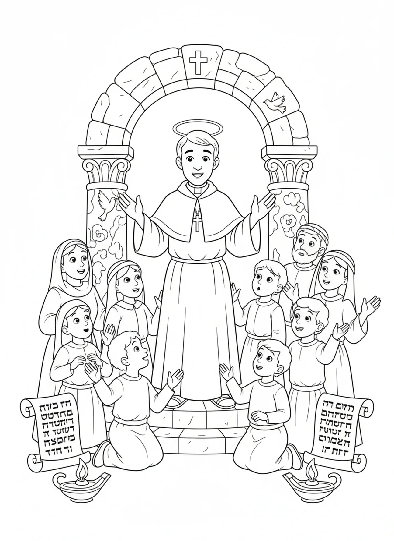 Saint Jean-Marie Vianney réalisant un miracle, page à colorier Saint Jean-Marie Vianney pour les enfants de catéchisme âgés de 5 à 12 ans.