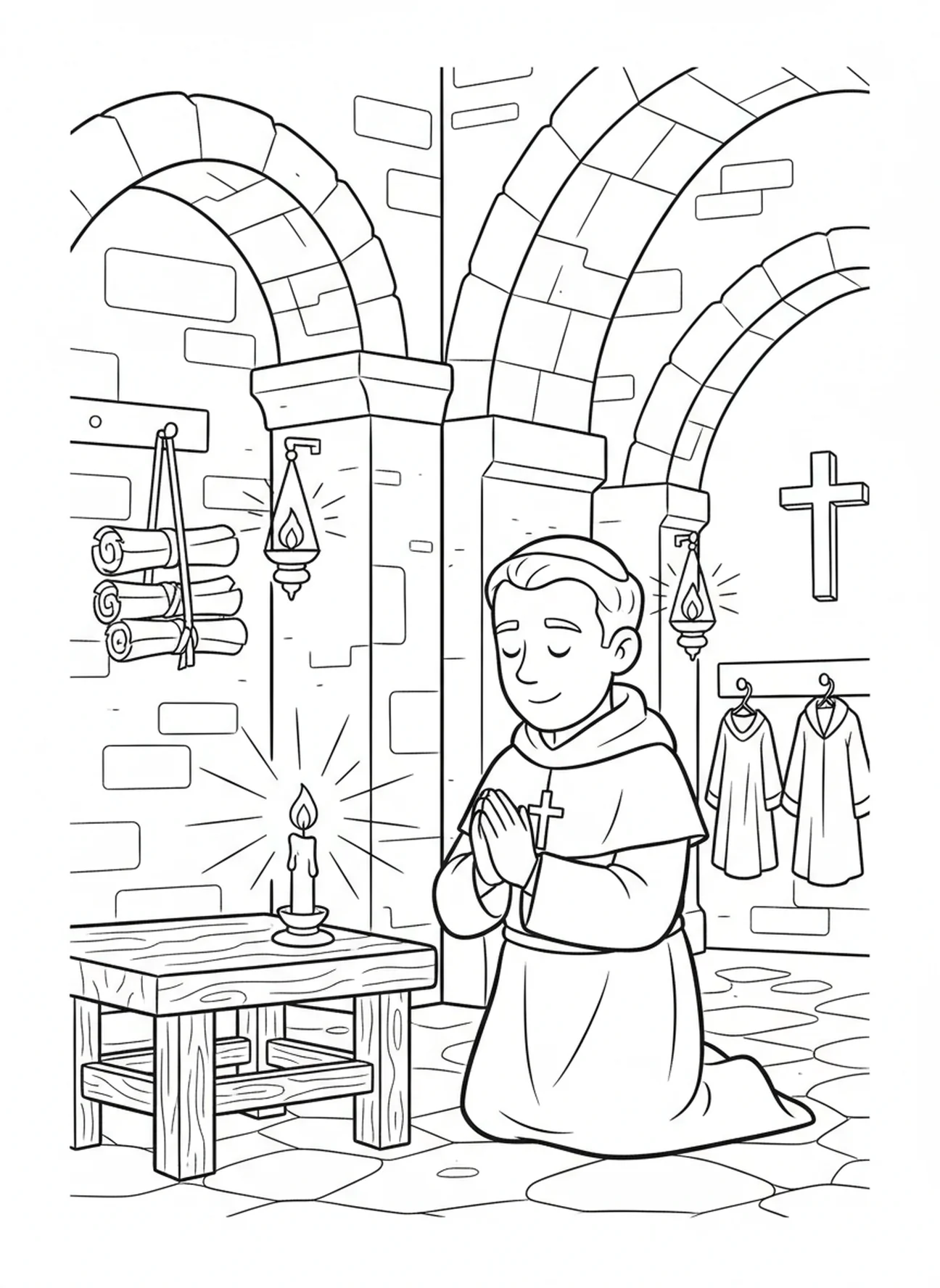 Saint Jean-Marie Vianney à genoux en prière, page à colorier de Saint Jean-Marie Vianney pour les enfants de l'École du dimanche âgés de 5 à 12 ans.