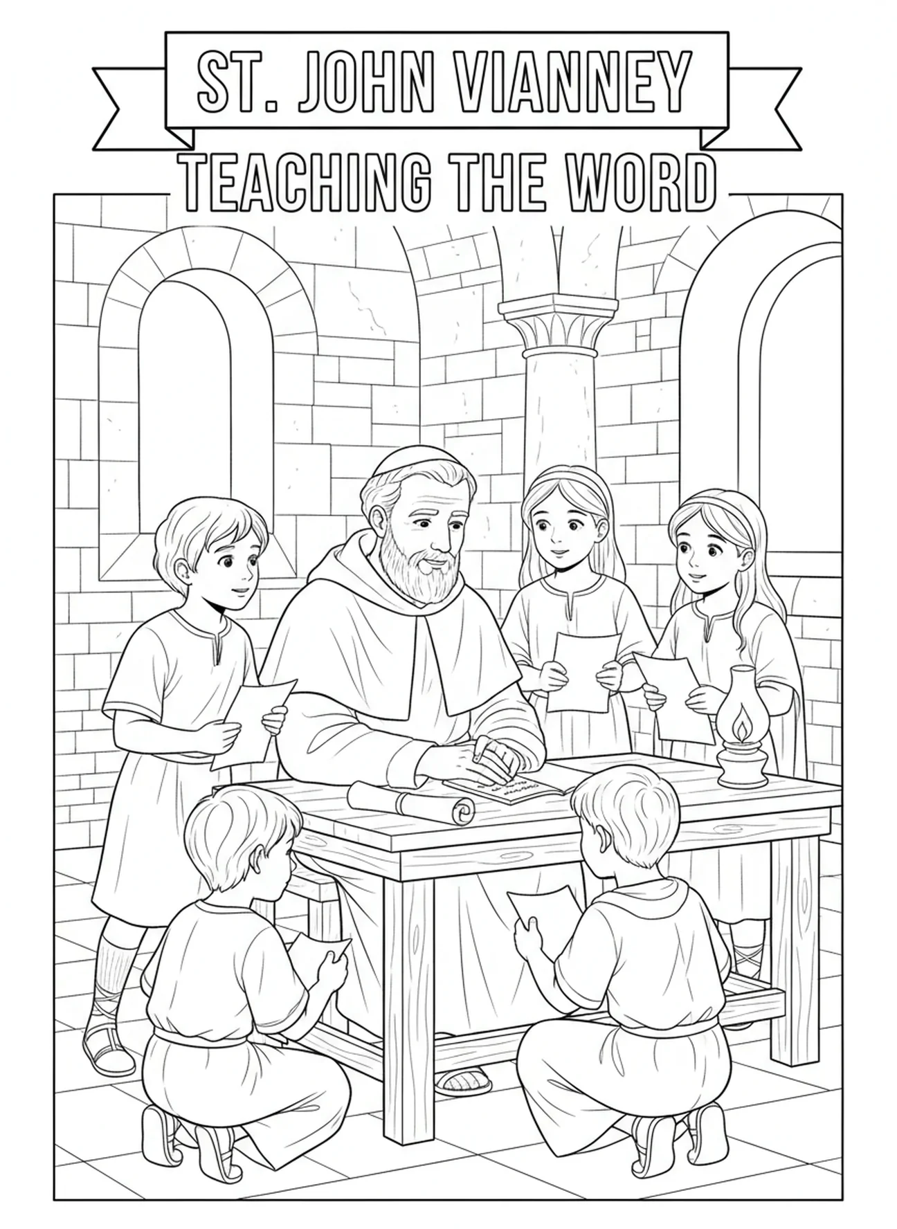 Saint Jean-Marie Vianney enseignant aux enfants sur la foi, page à colorier Saint Jean-Marie Vianney pour les enfants de l'École du dimanche âgés de 5 à 12 ans.