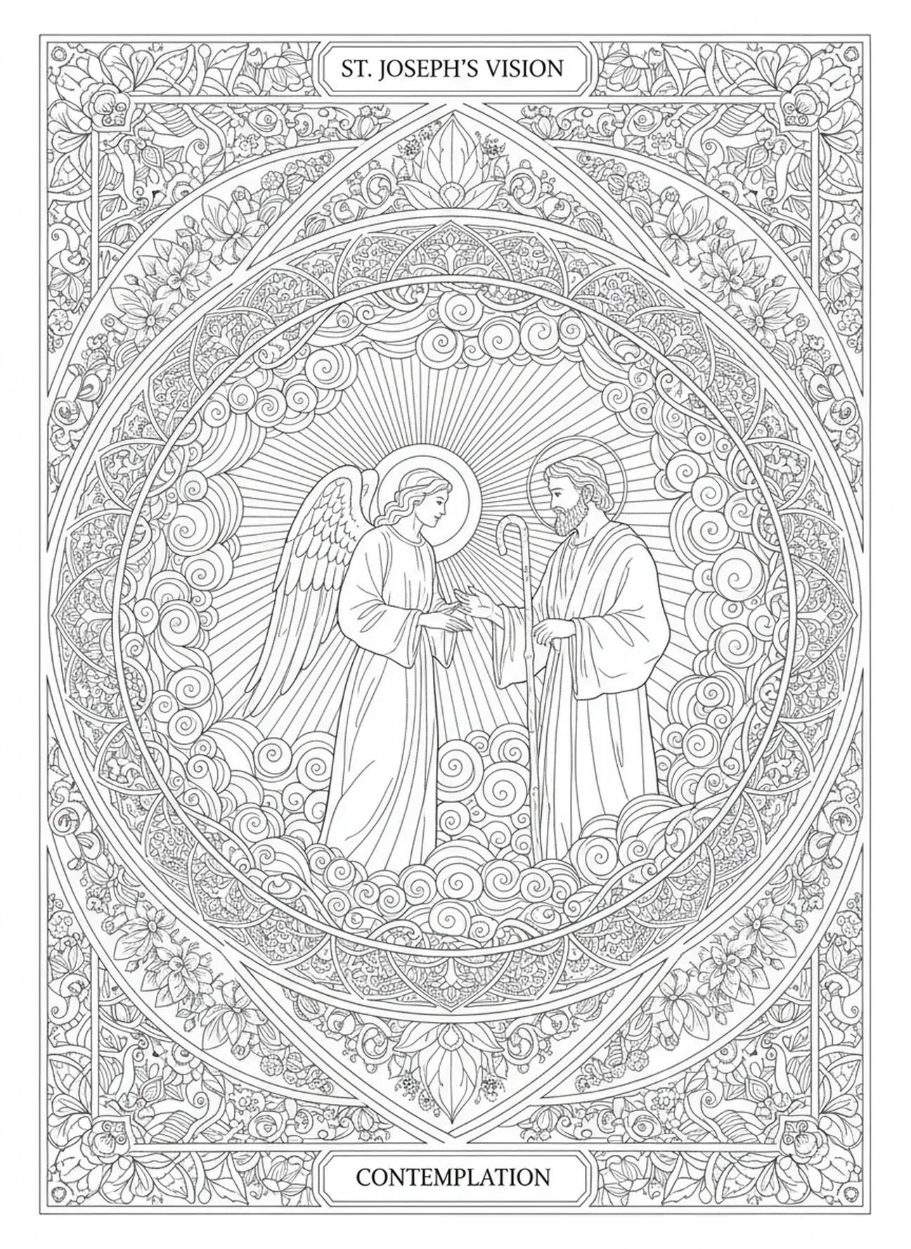 São José conversando com um anjo, página de colorir de São José para adultos no estilo de journaling bíblico.