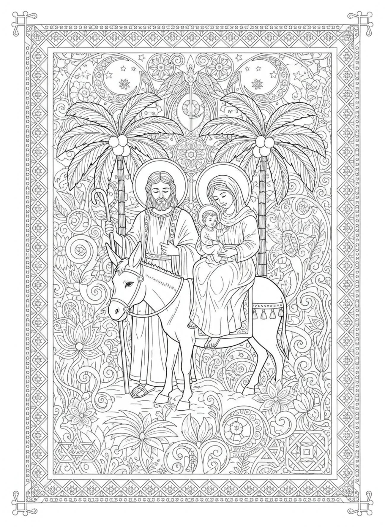 São José fugindo para o Egito, página de colorir de São José para adultos no estilo de journaling bíblico.