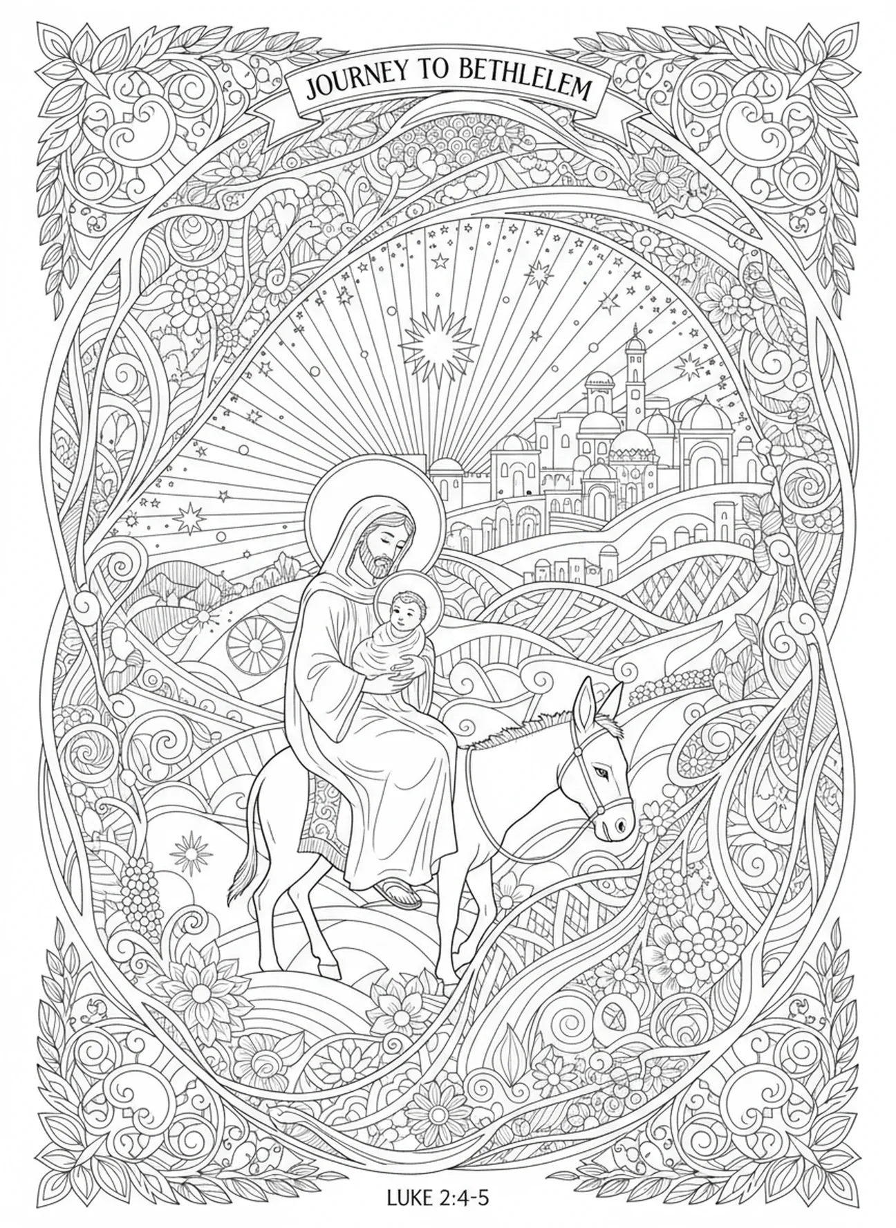 São José guiando Maria, página para colorir de São José no estilo de journaling bíblico para adultos.