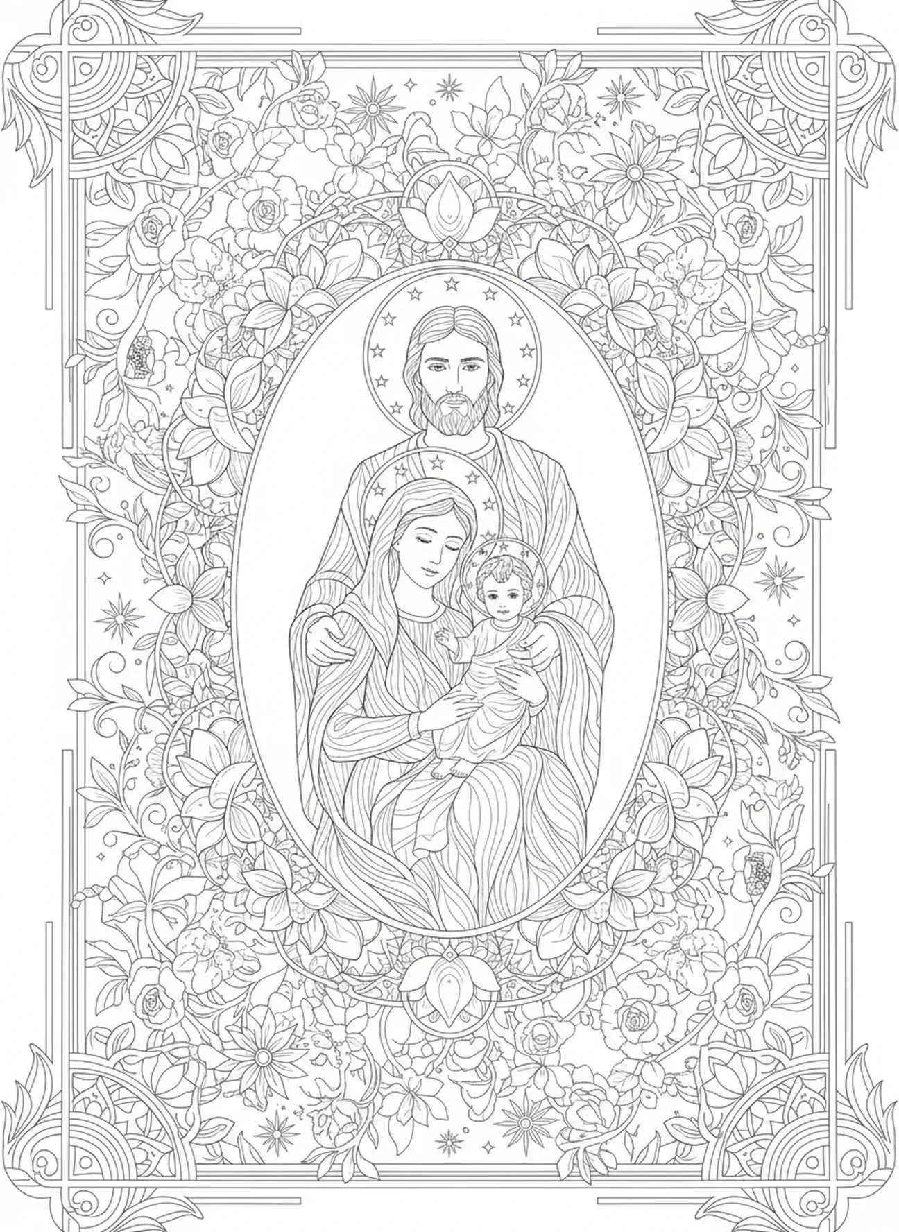 São José com Maria e Jesus, página de colorir de São José para adultos no estilo de diário bíblico.