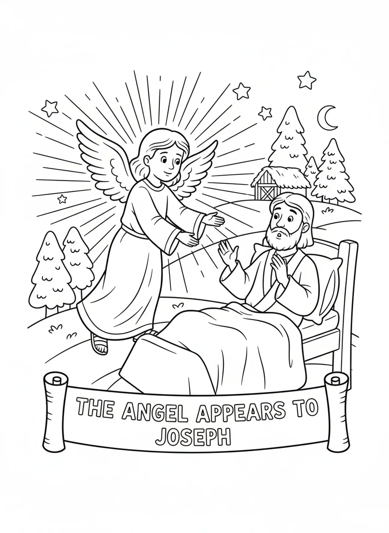 Anjo visitando São José, página para colorir de São José para crianças de 5 a 10 anos