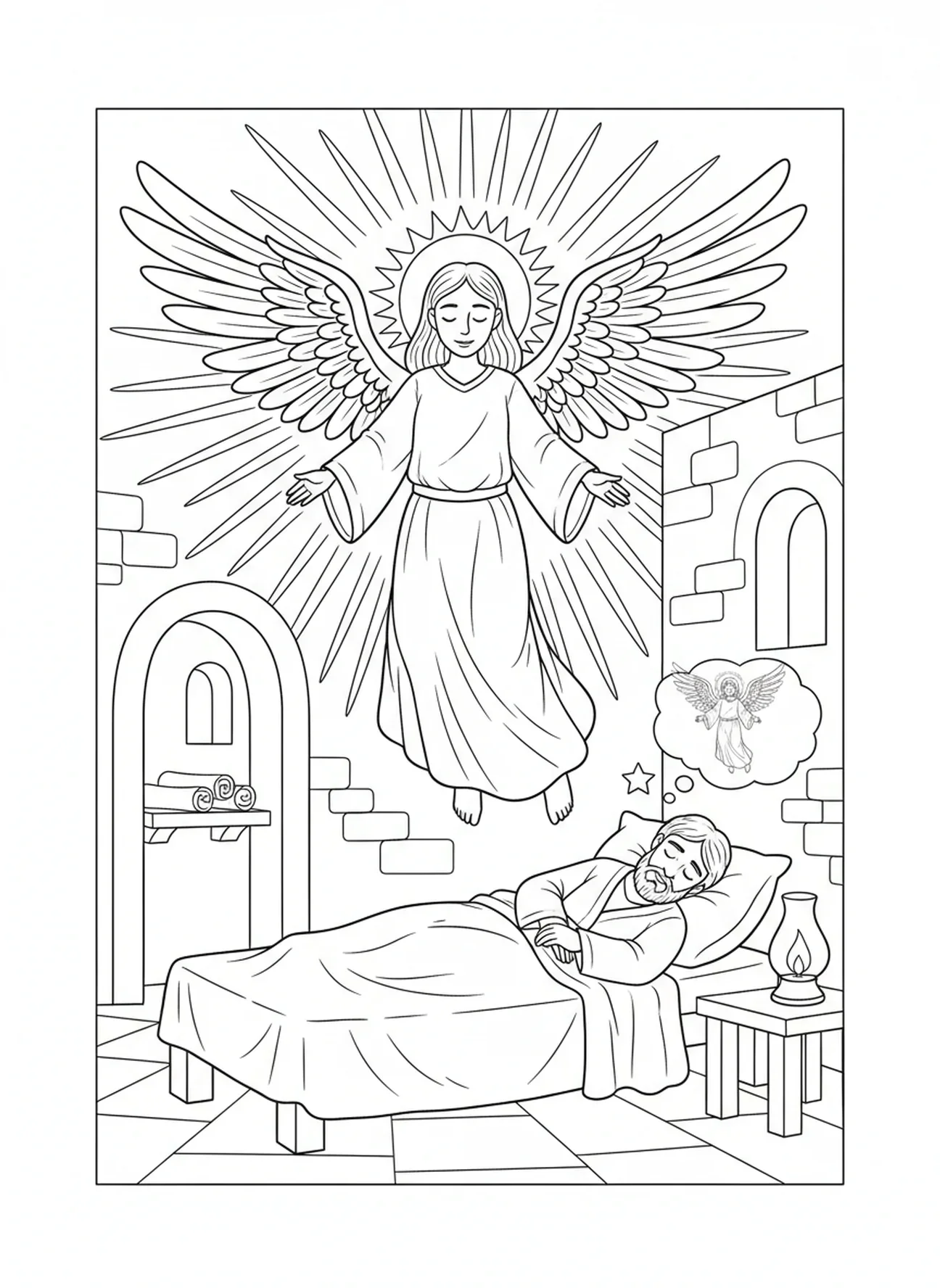 Un ange parlant à Joseph, page à colorier de Saint Joseph pour les enfants de l'École du dimanche âgés de 5 à 12 ans.