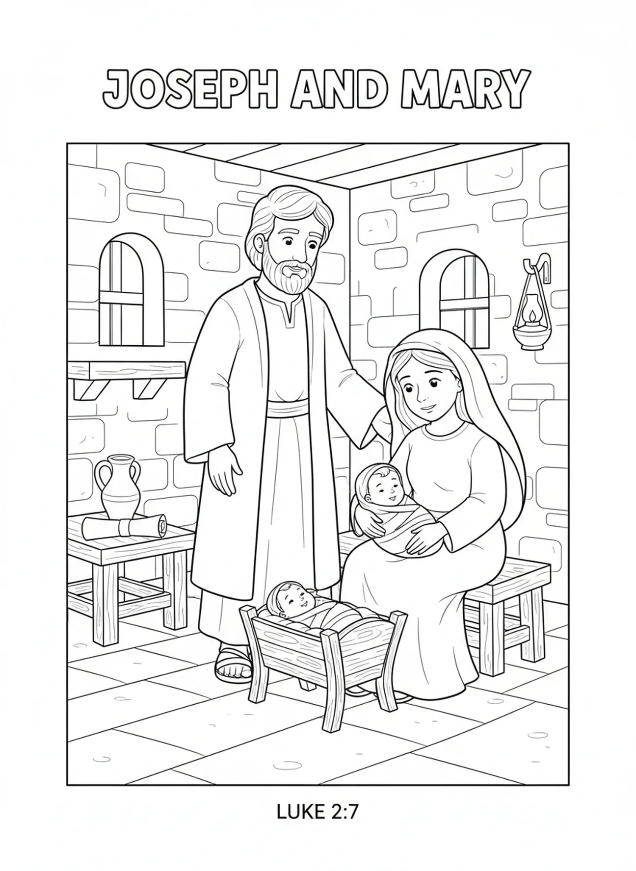 Joseph et Marie, page à colorier de Saint Joseph pour les enfants de l'École du dimanche âgés de 5 à 12 ans.
