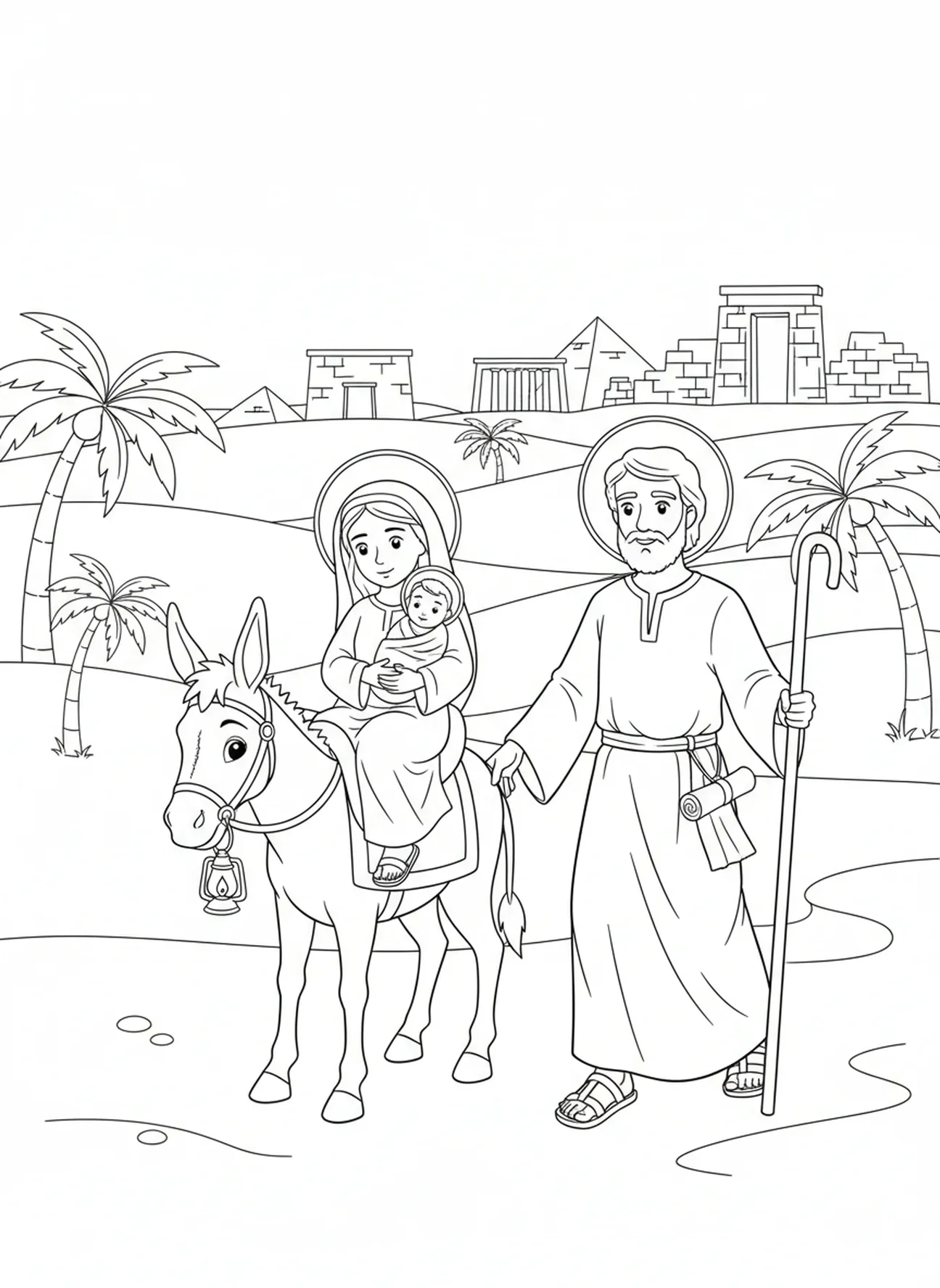 Joseph fuyant en Égypte, page à colorier de Saint Joseph pour les enfants de l'École du dimanche âgés de 5 à 12 ans.