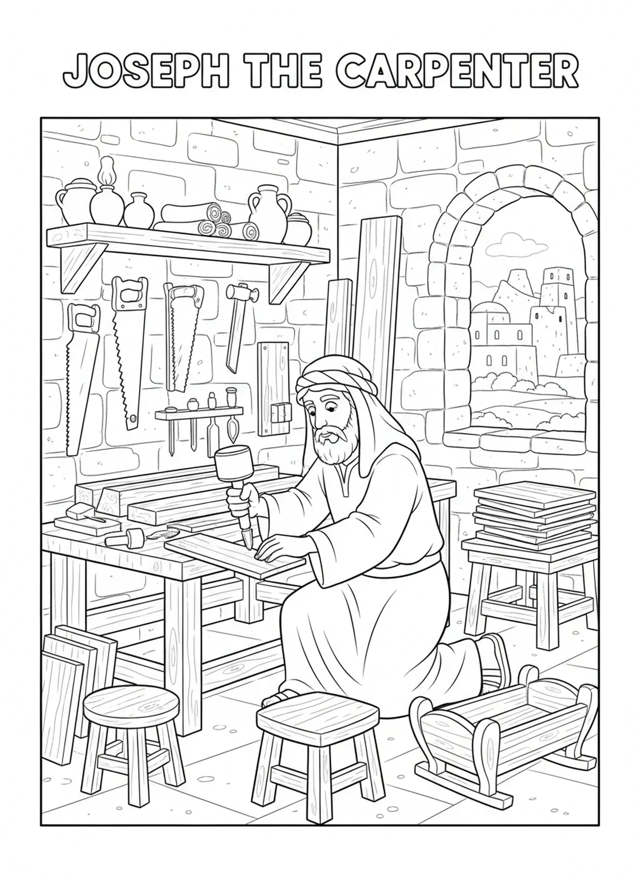 Joseph dans l'atelier, page à colorier de St Joseph pour les enfants de l'École du dimanche âgés de 5 à 12 ans.