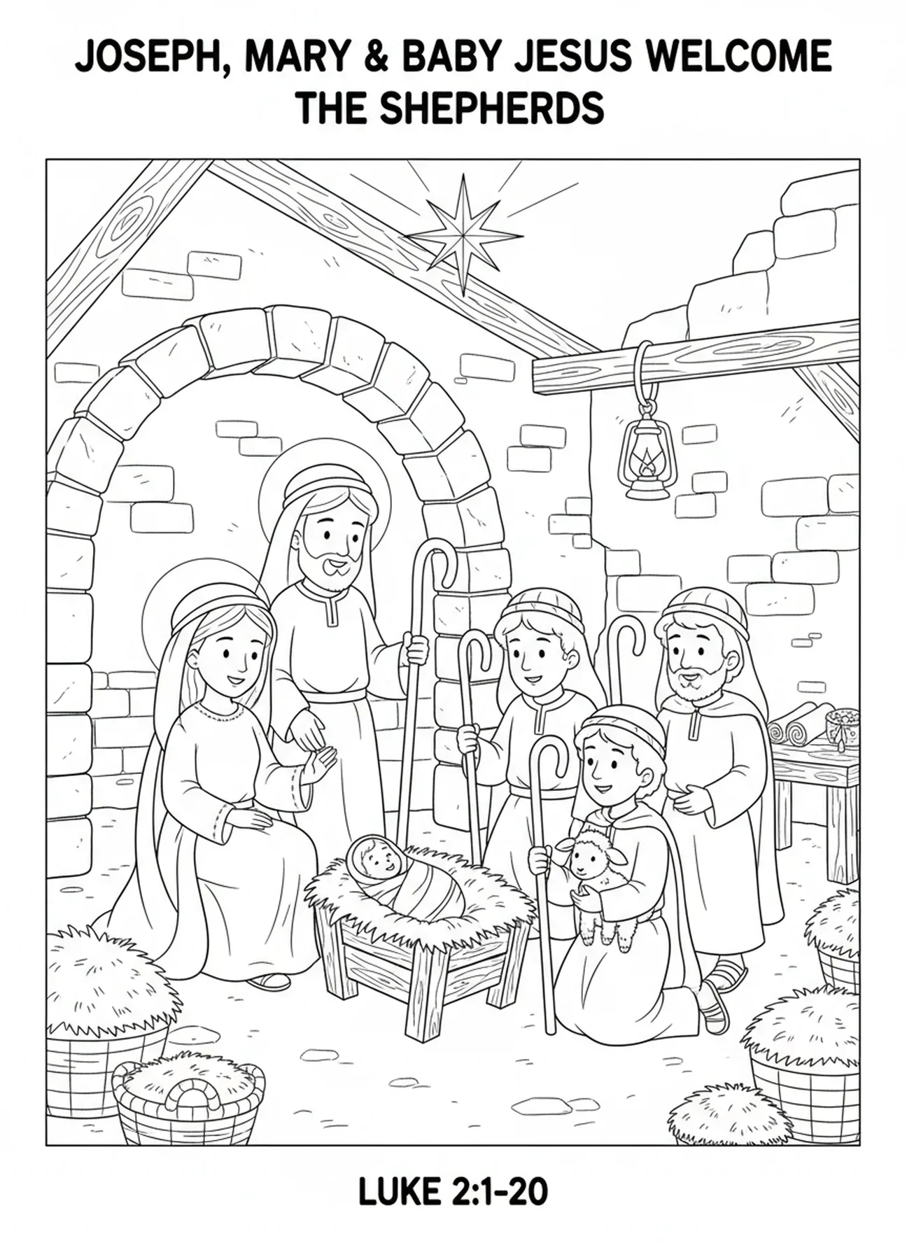 Joseph accueillant les bergers, page à colorier de Saint Joseph pour les enfants de l'École du dimanche âgés de 5 à 12 ans.