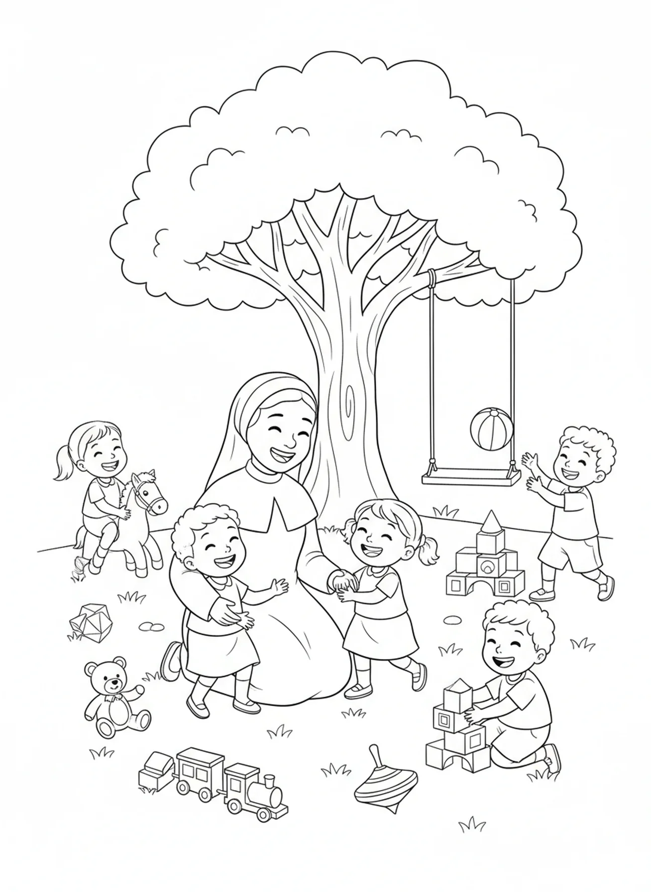 Santa Josefina Bakhita com crianças, página para colorir da Santa Josefina Bakhita para crianças de 5 a 10 anos.